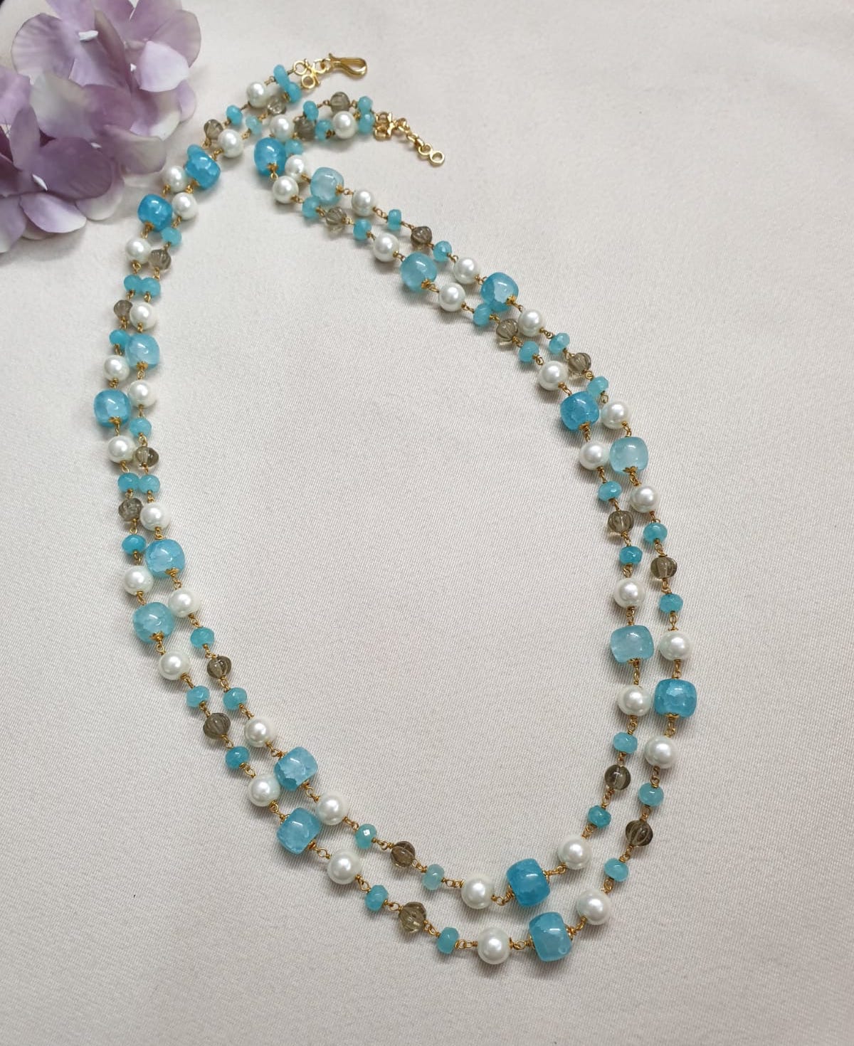 Blue Stone Double Layered Beads Pearl Long Mala