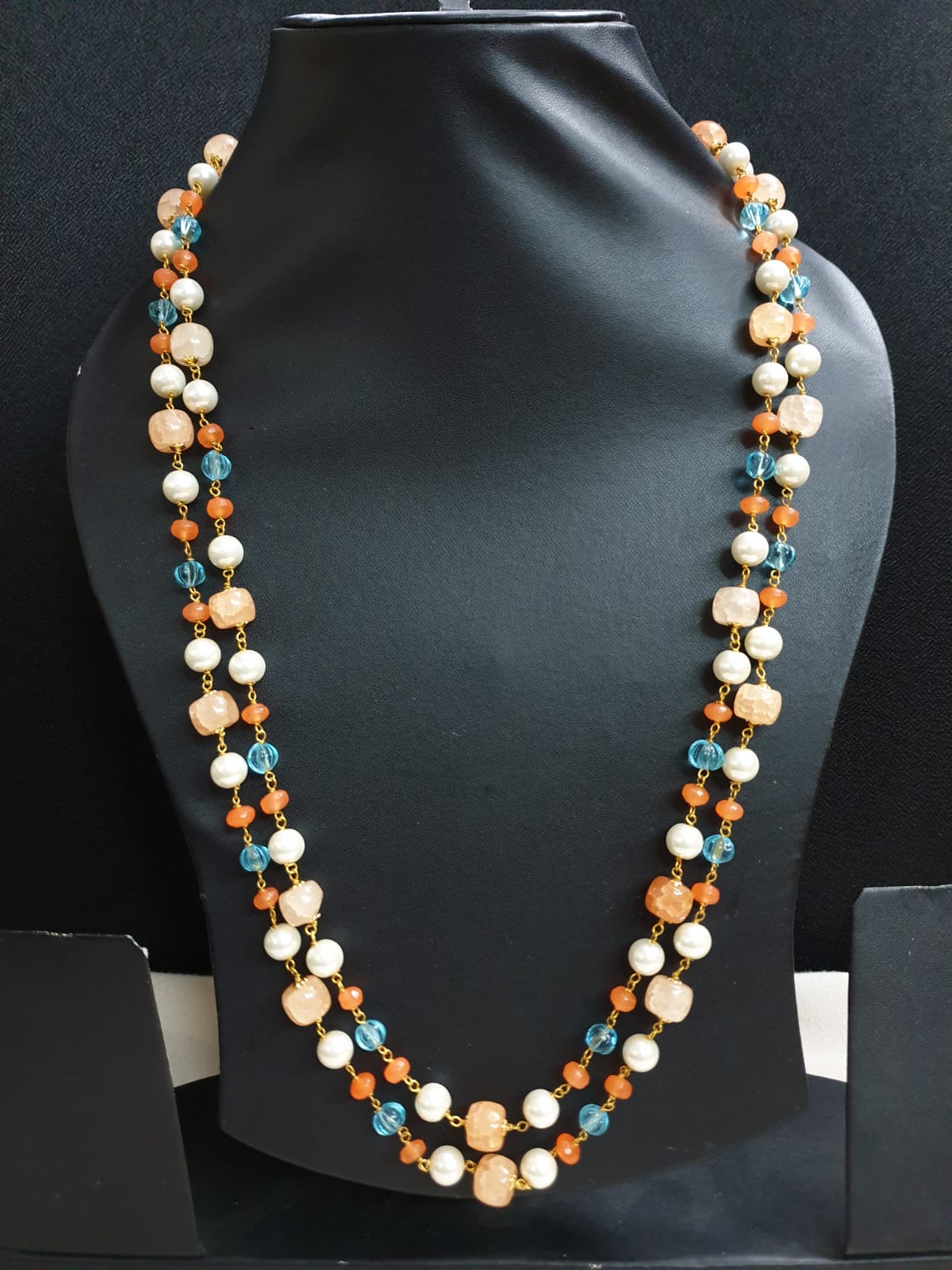 Orange Stone Double Layered Beads Pearl Long Mala