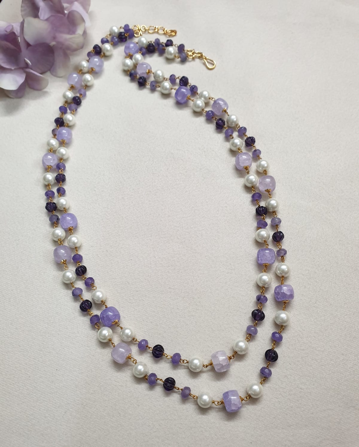 Purple Stone Double Layered Beads Pearl Long Mala