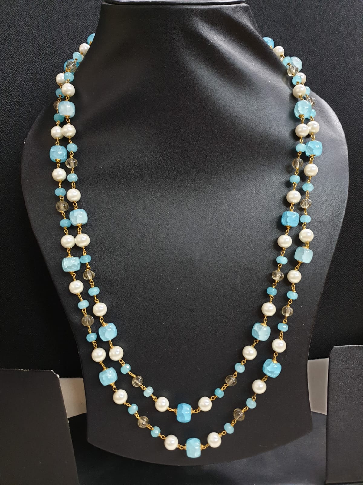 Blue Stone Double Layered Beads Pearl Long Mala