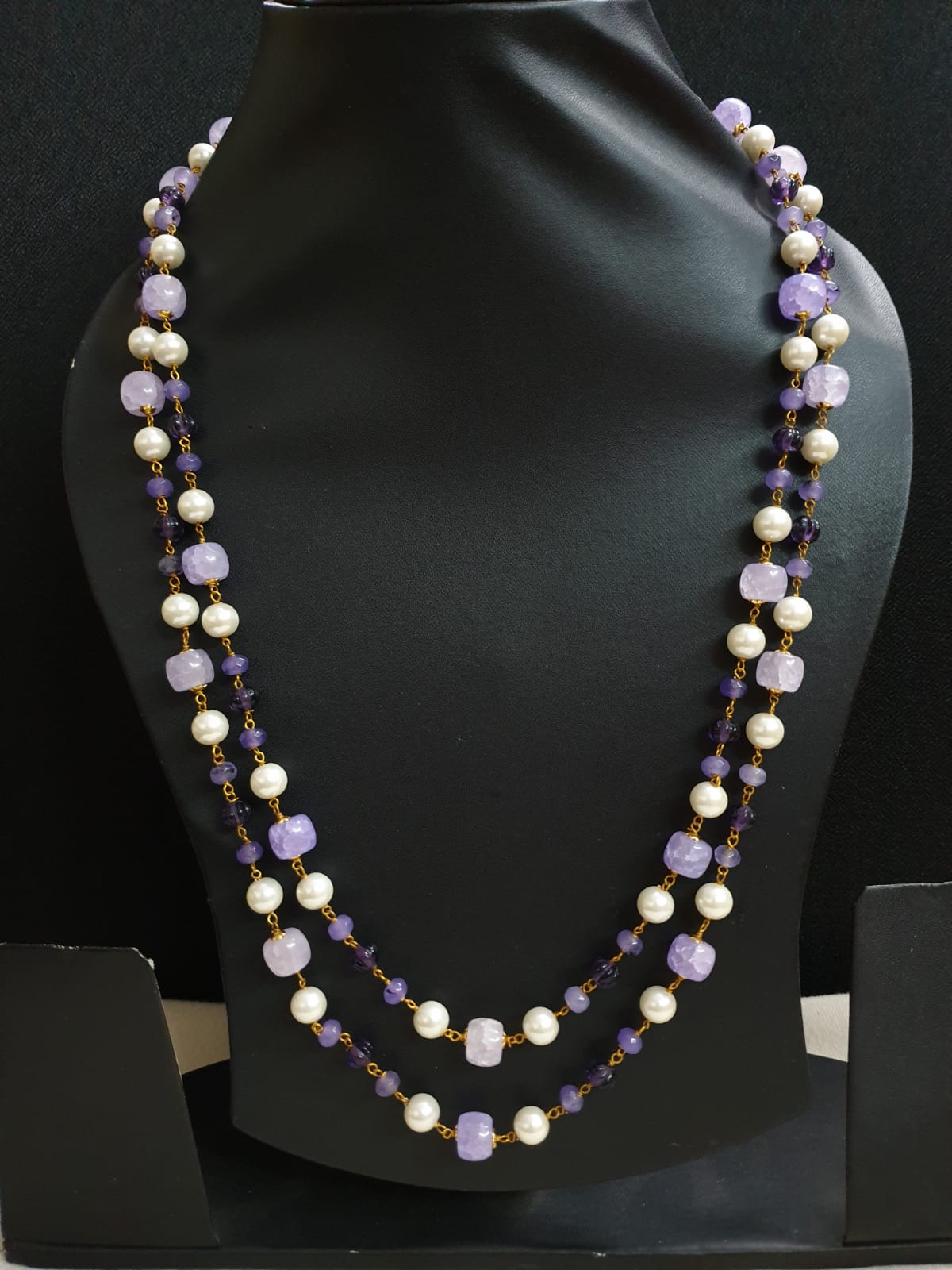 Purple Stone Double Layered Beads Pearl Long Mala