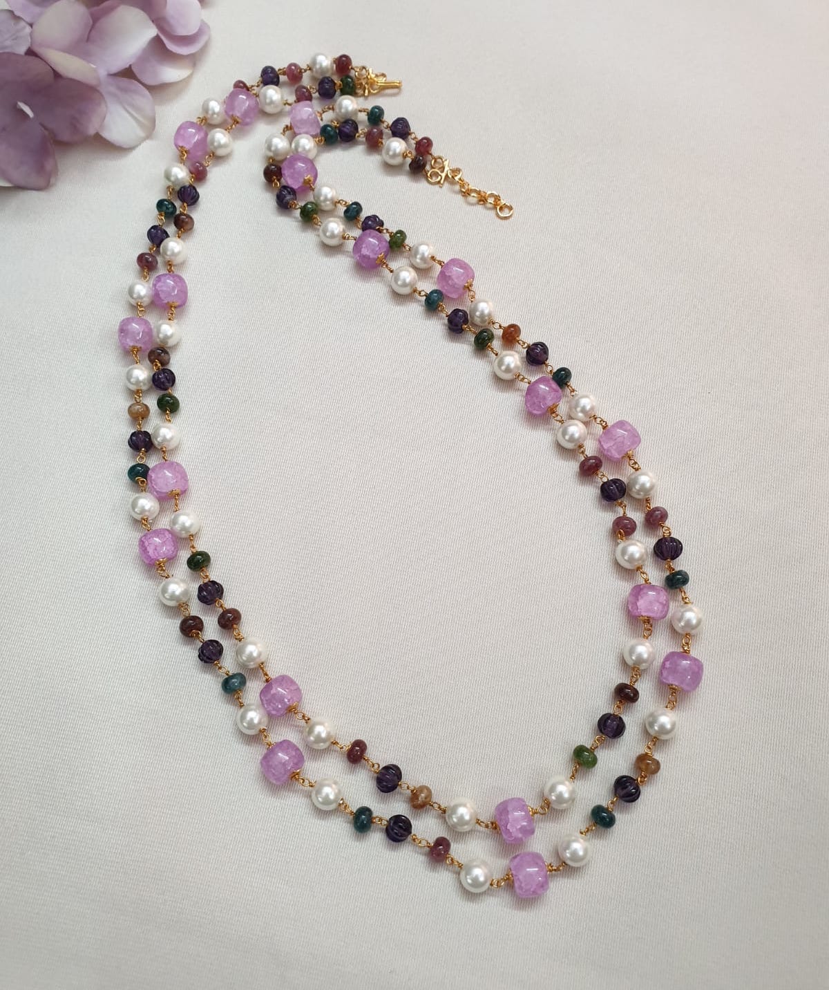 Light Purple Stone Double Layered Beads Pearl Long Mala