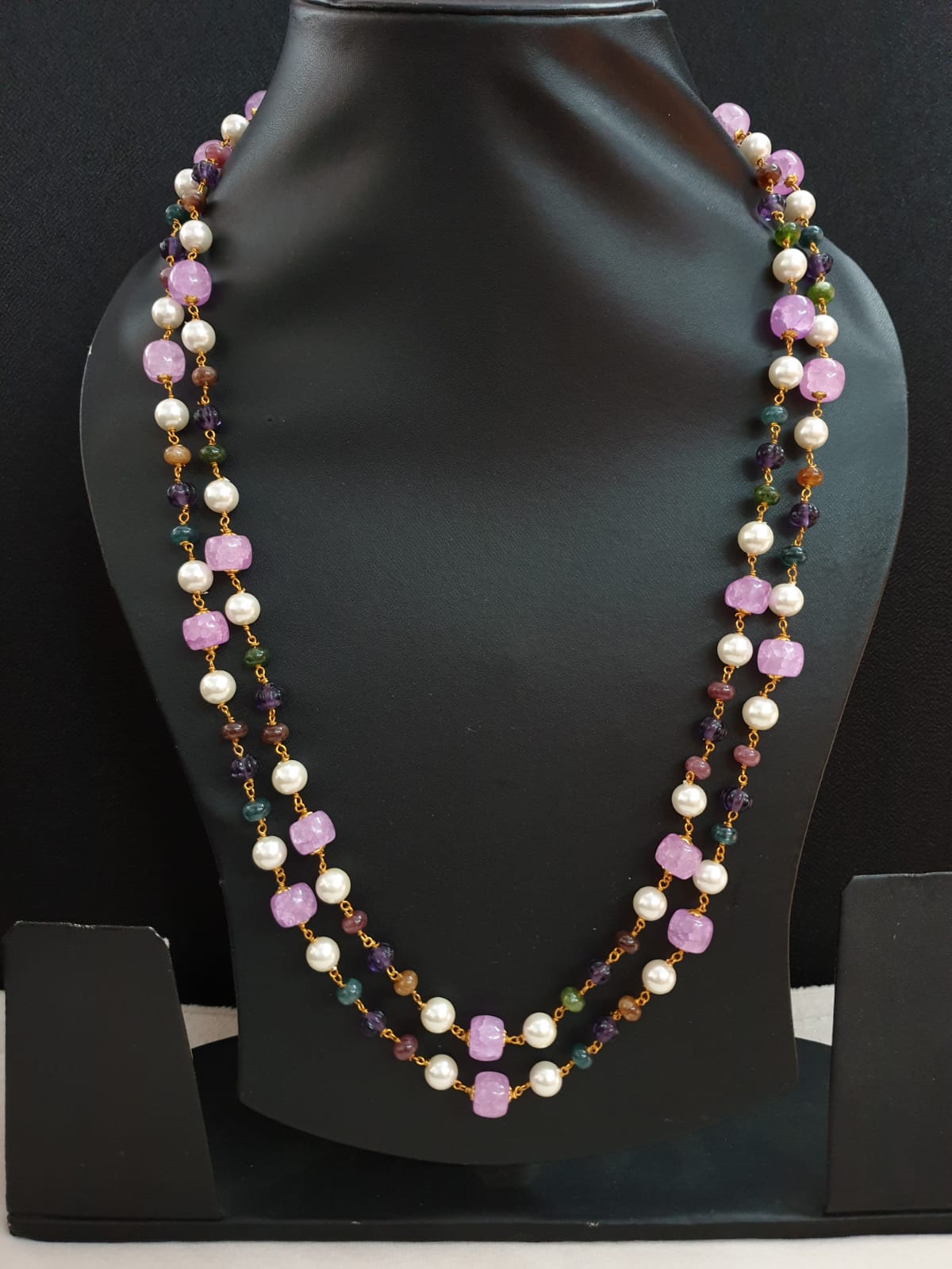 Light Purple Stone Double Layered Beads Pearl Long Mala