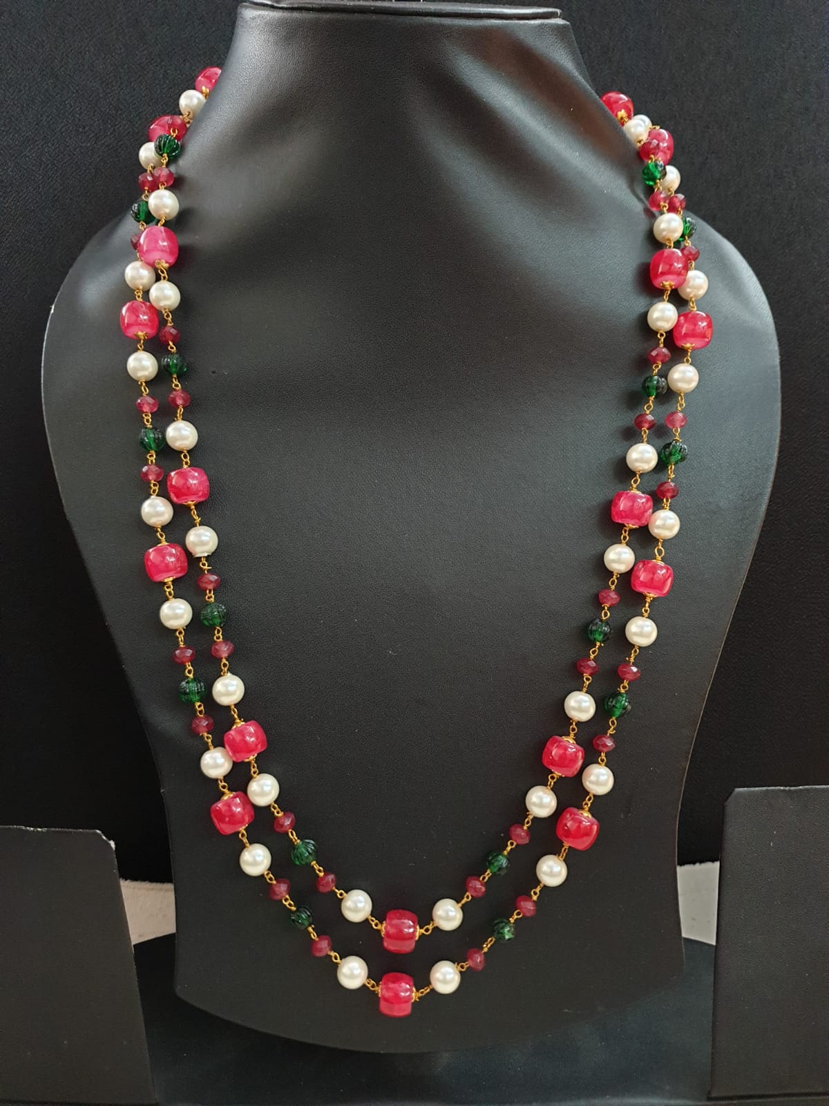 Red Stone Double Layered Beads Pearl Long Mala