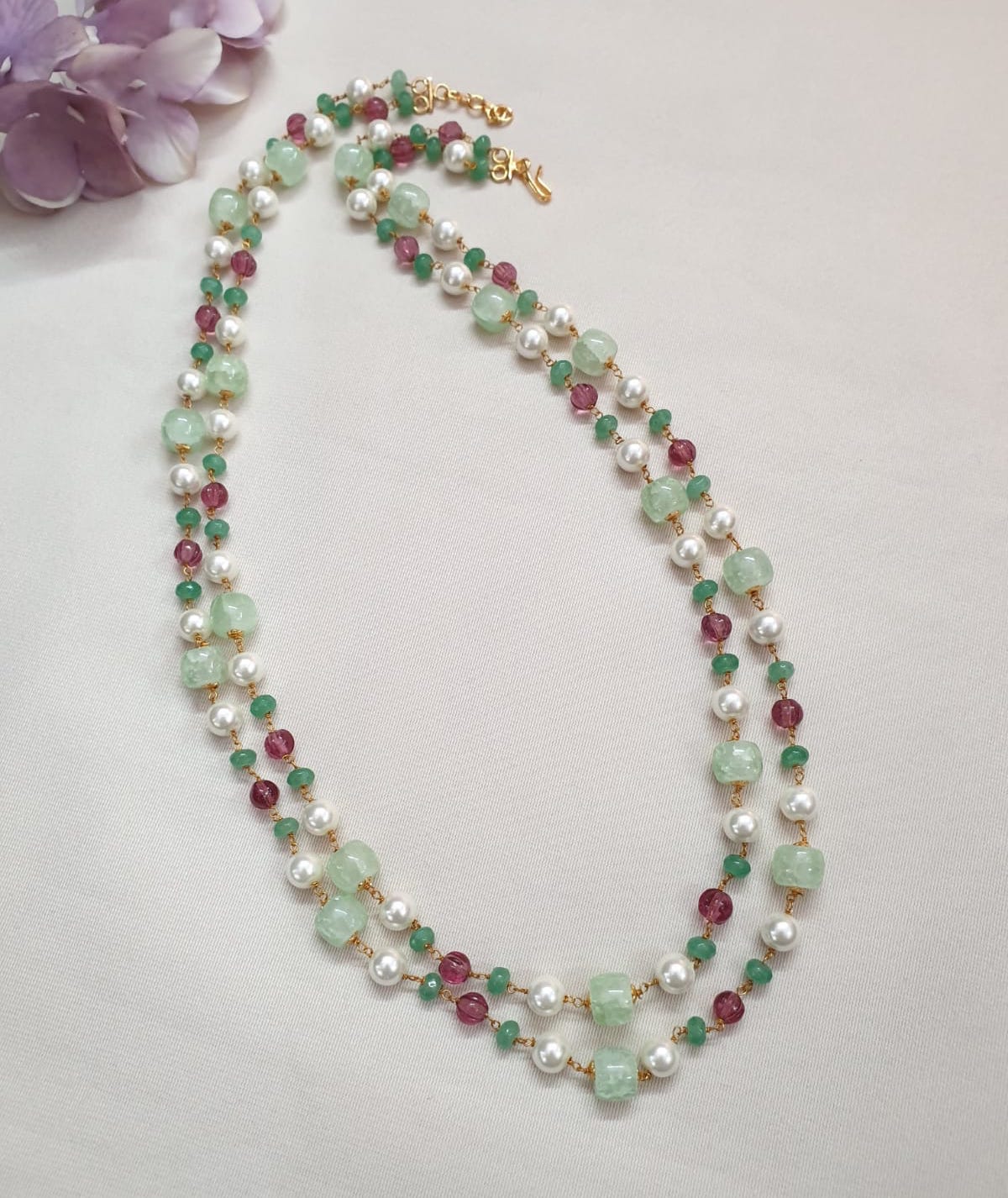 Light Green Stone Double Layered Beads Pearl Long Mala