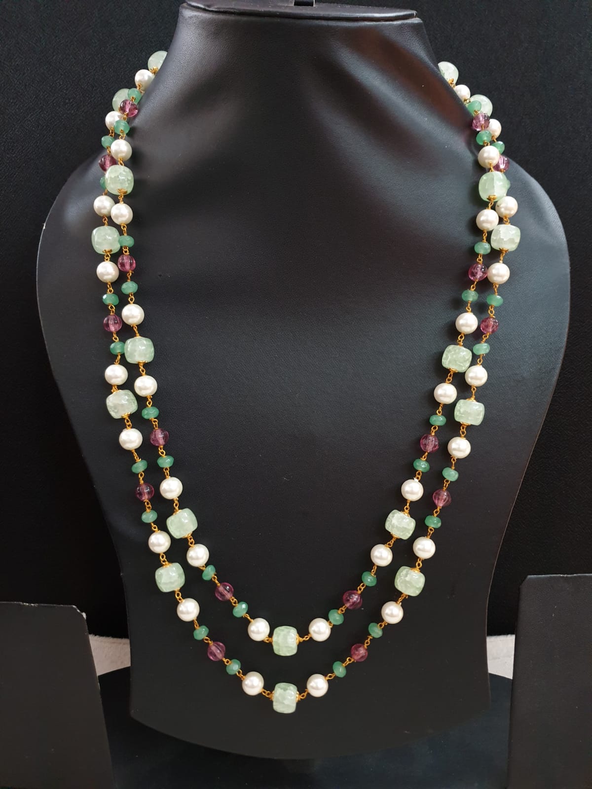 Light Green Stone Double Layered Beads Pearl Long Mala