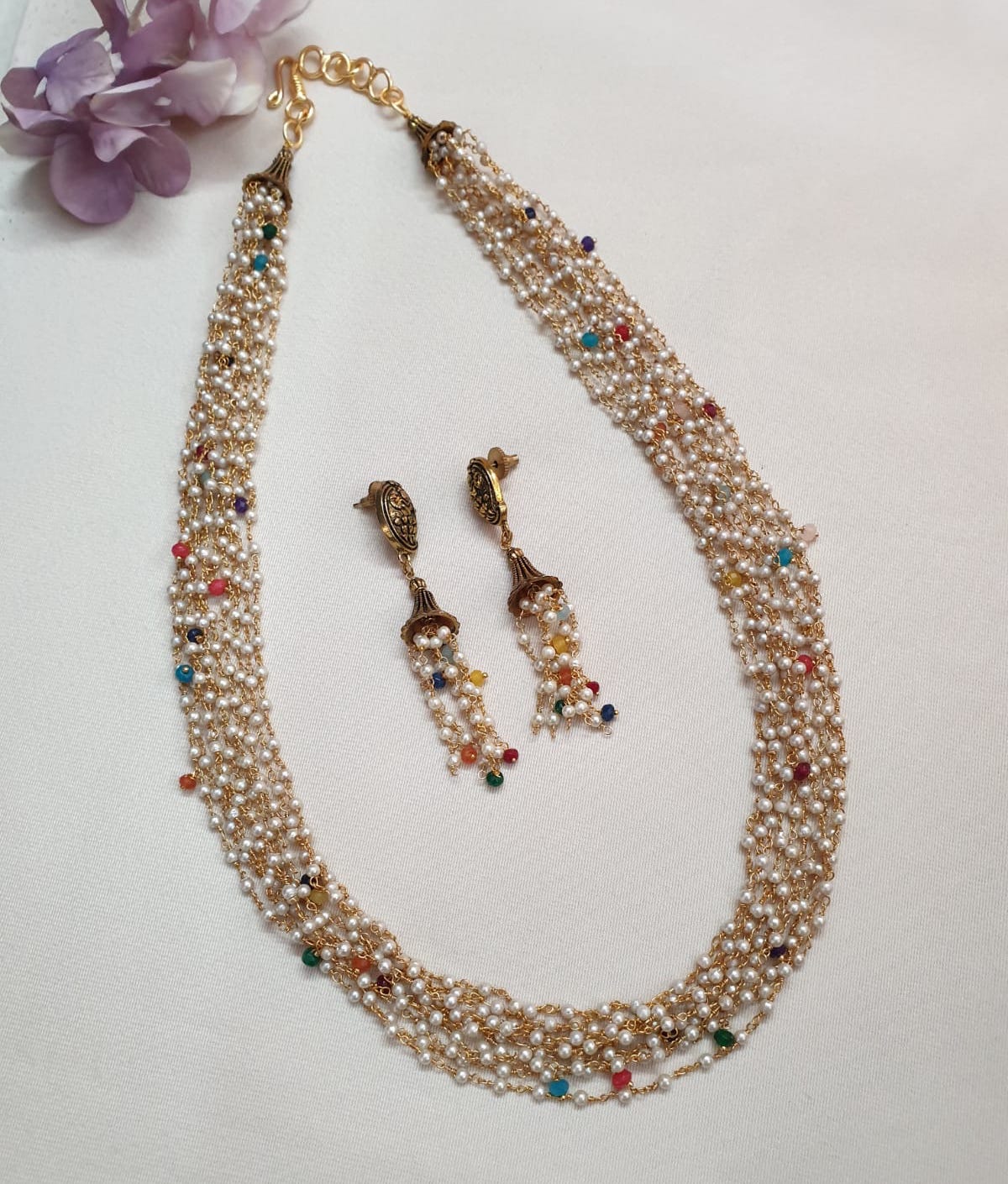 Multi Color Small Pearl Beaded Necklace With Earrings