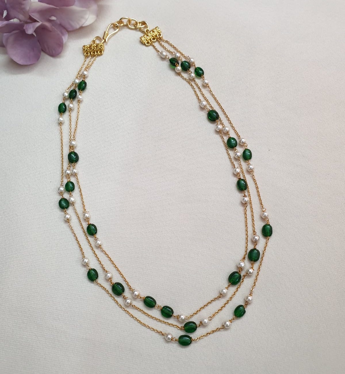 Green Beaded Small Pearl Chain Necklace