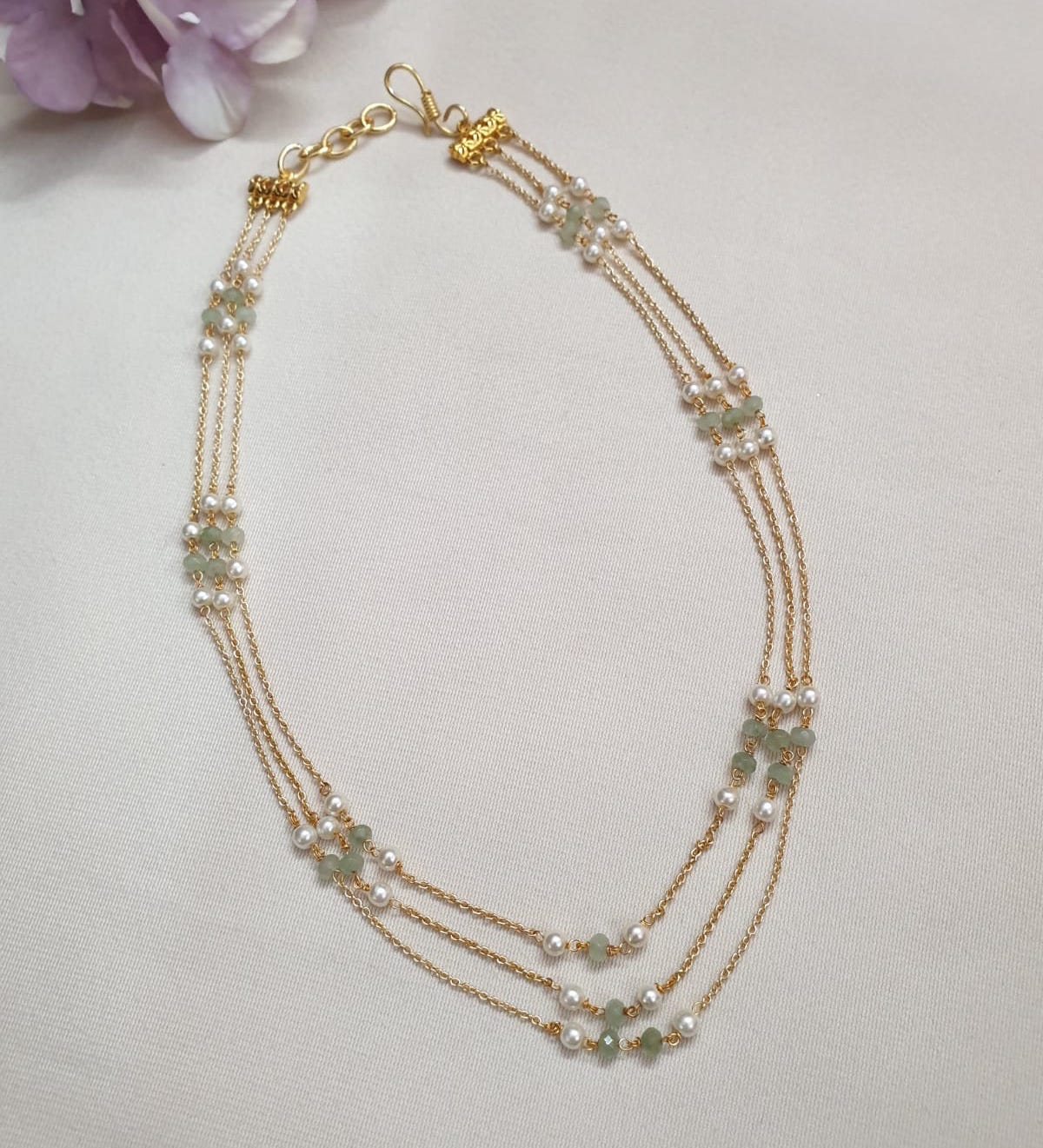 Light Green Beaded Small Pearl Chain Necklace