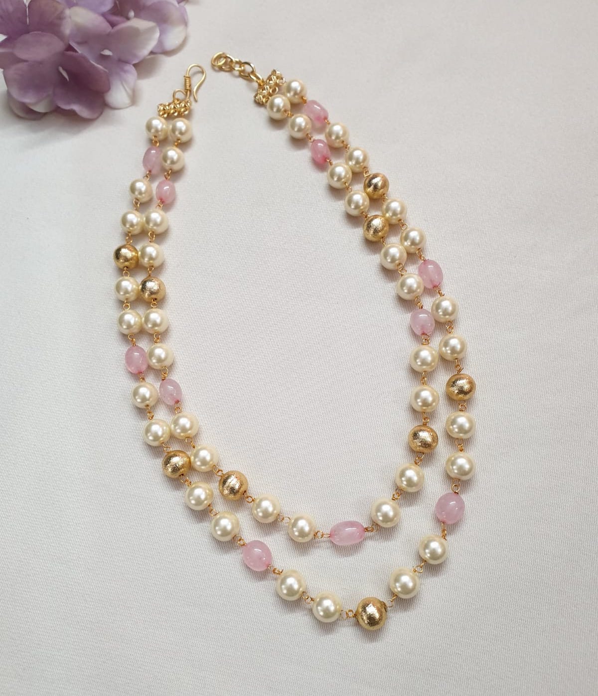 Pink Stone and Pearl Beaded Necklace