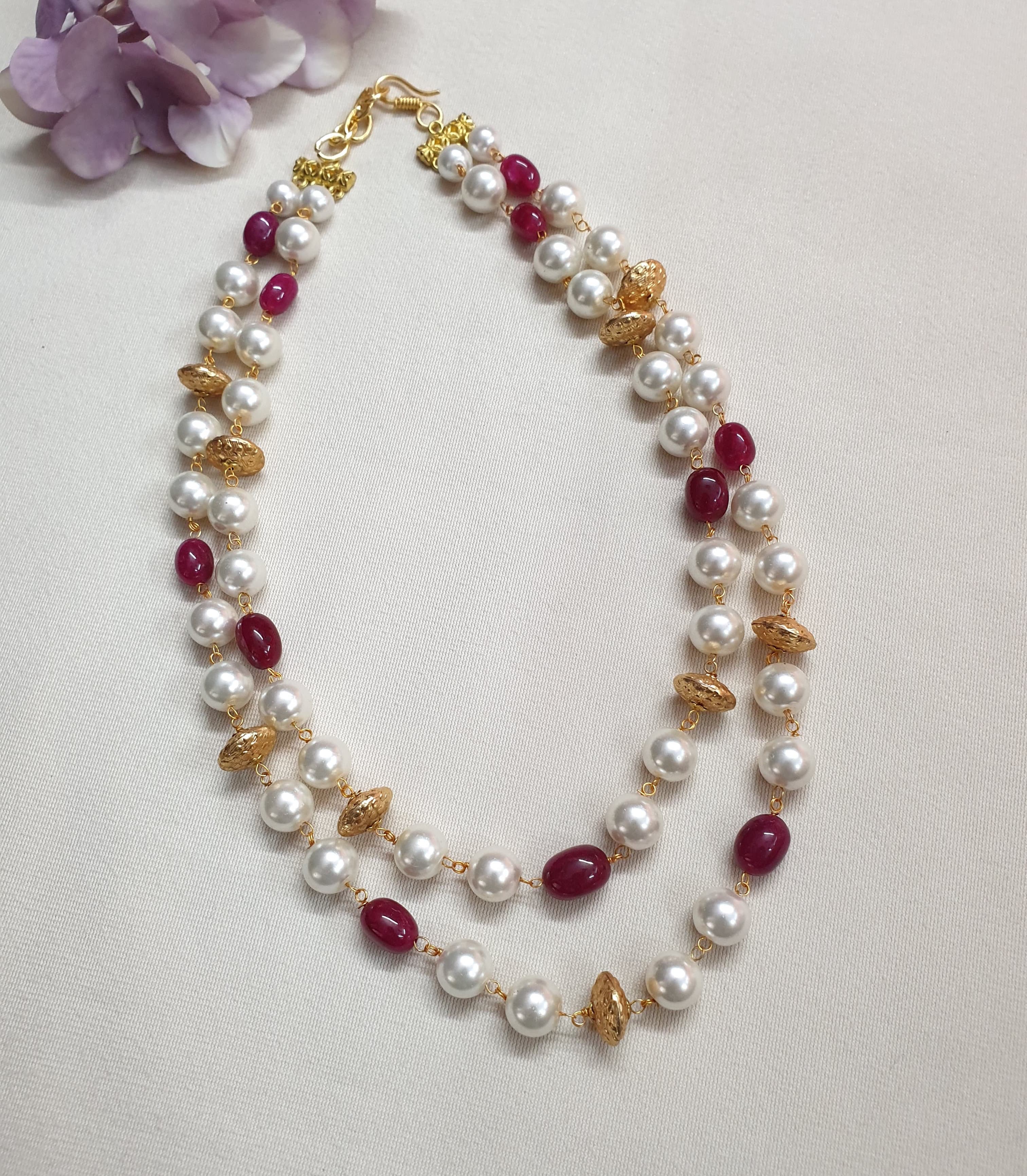 Red Stone and Pearl Beaded Necklace