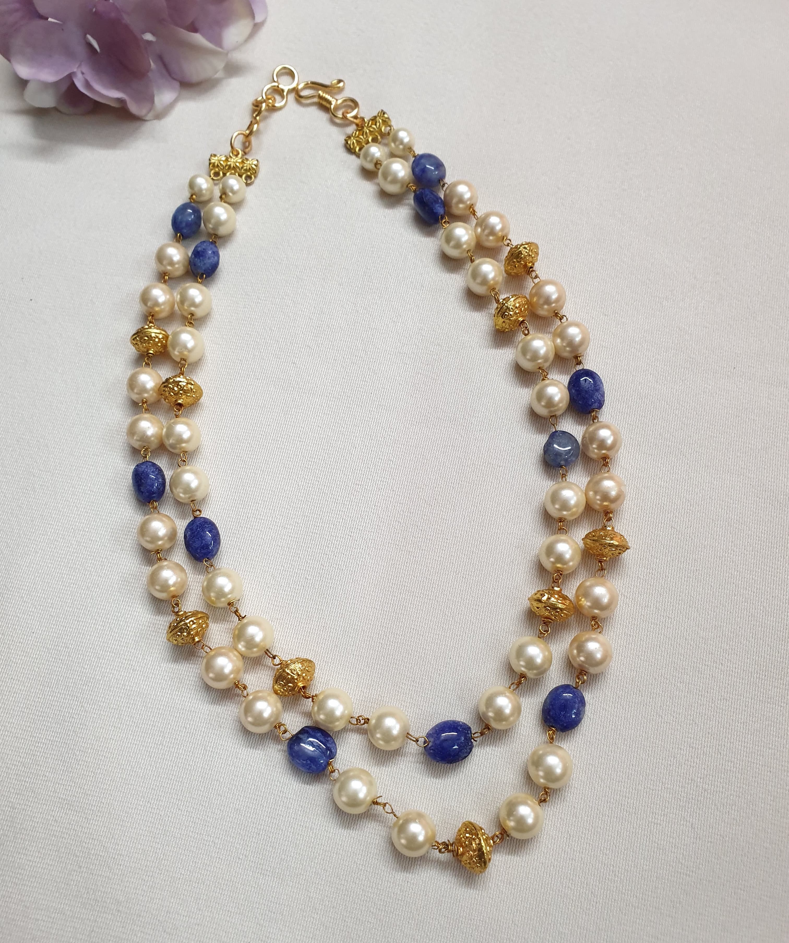 Blue Stone and Pearl Beaded Necklace