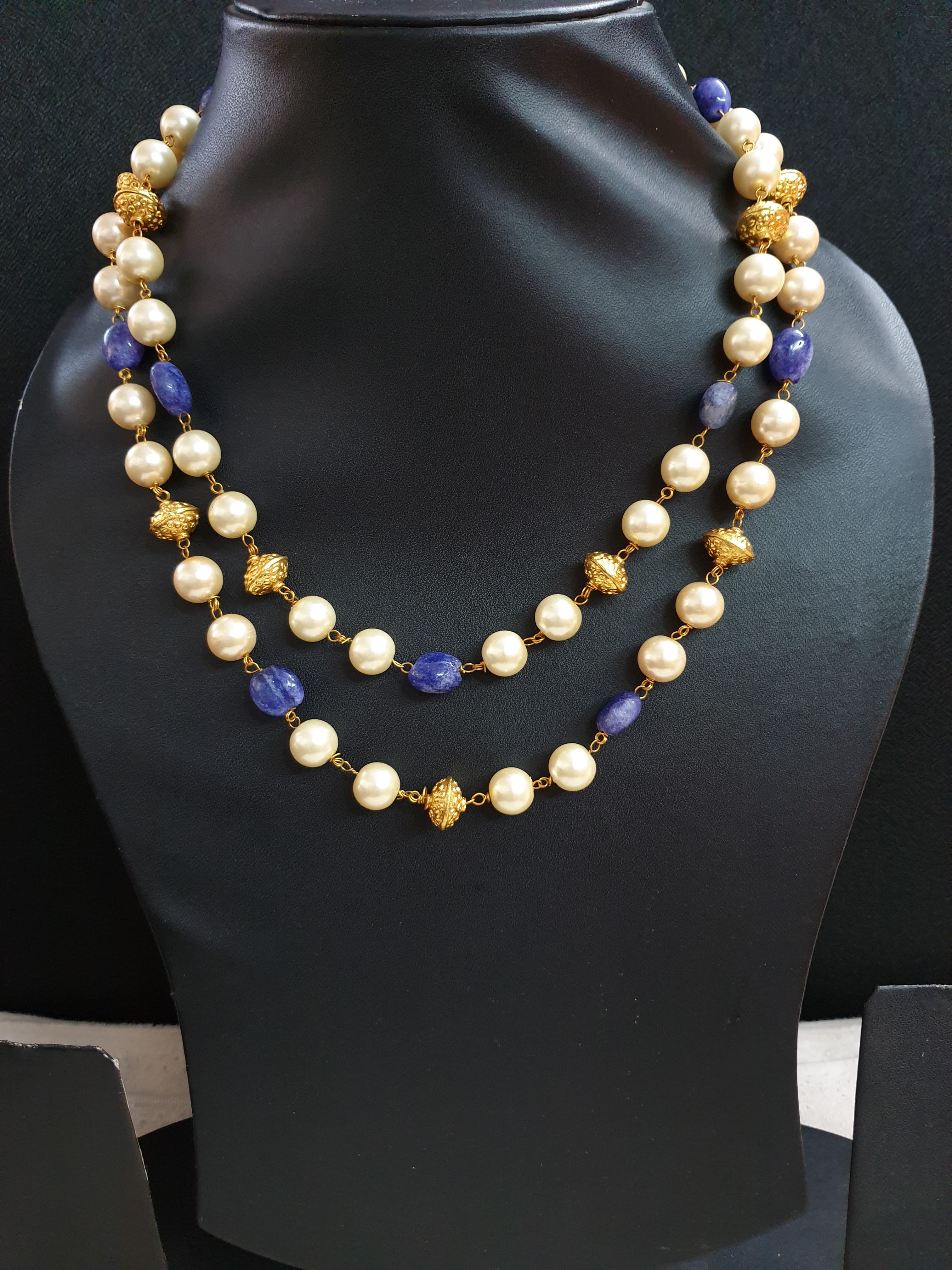 Blue Stone and Pearl Beaded Necklace