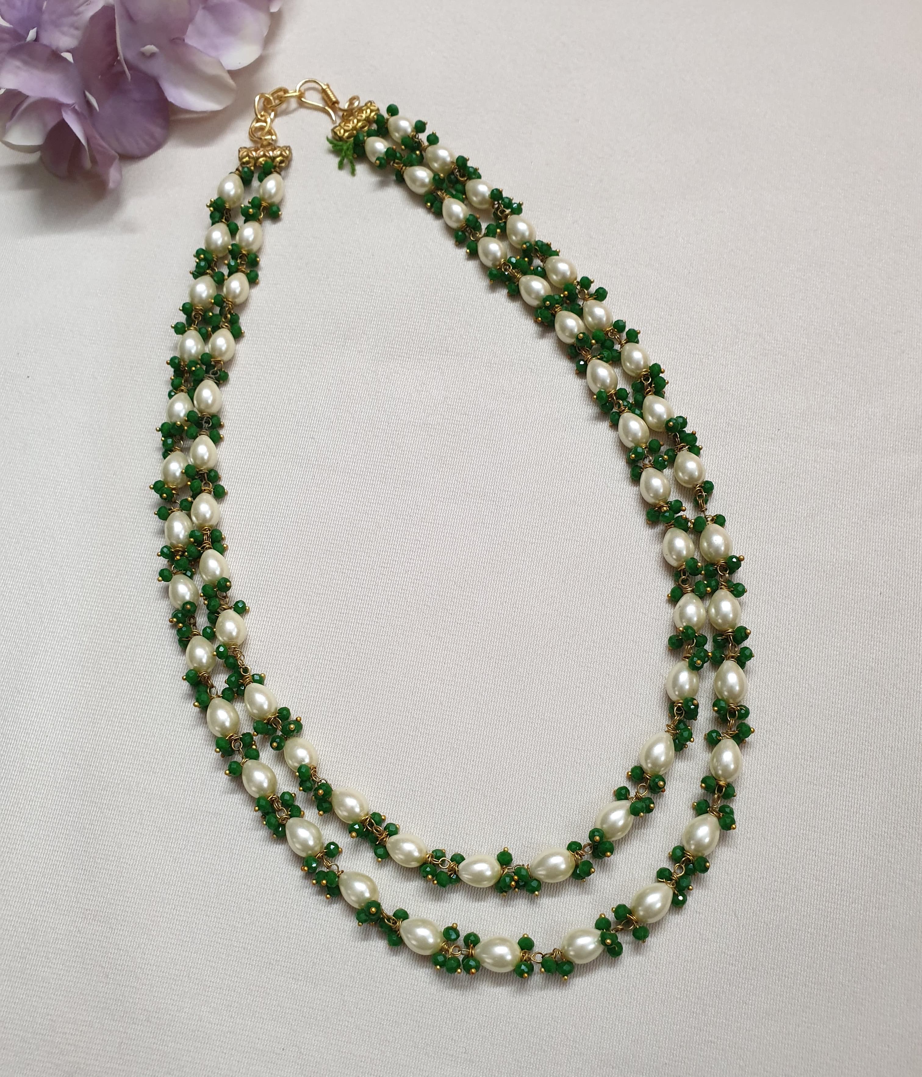 Pearl Drops and Green Beaded Necklace