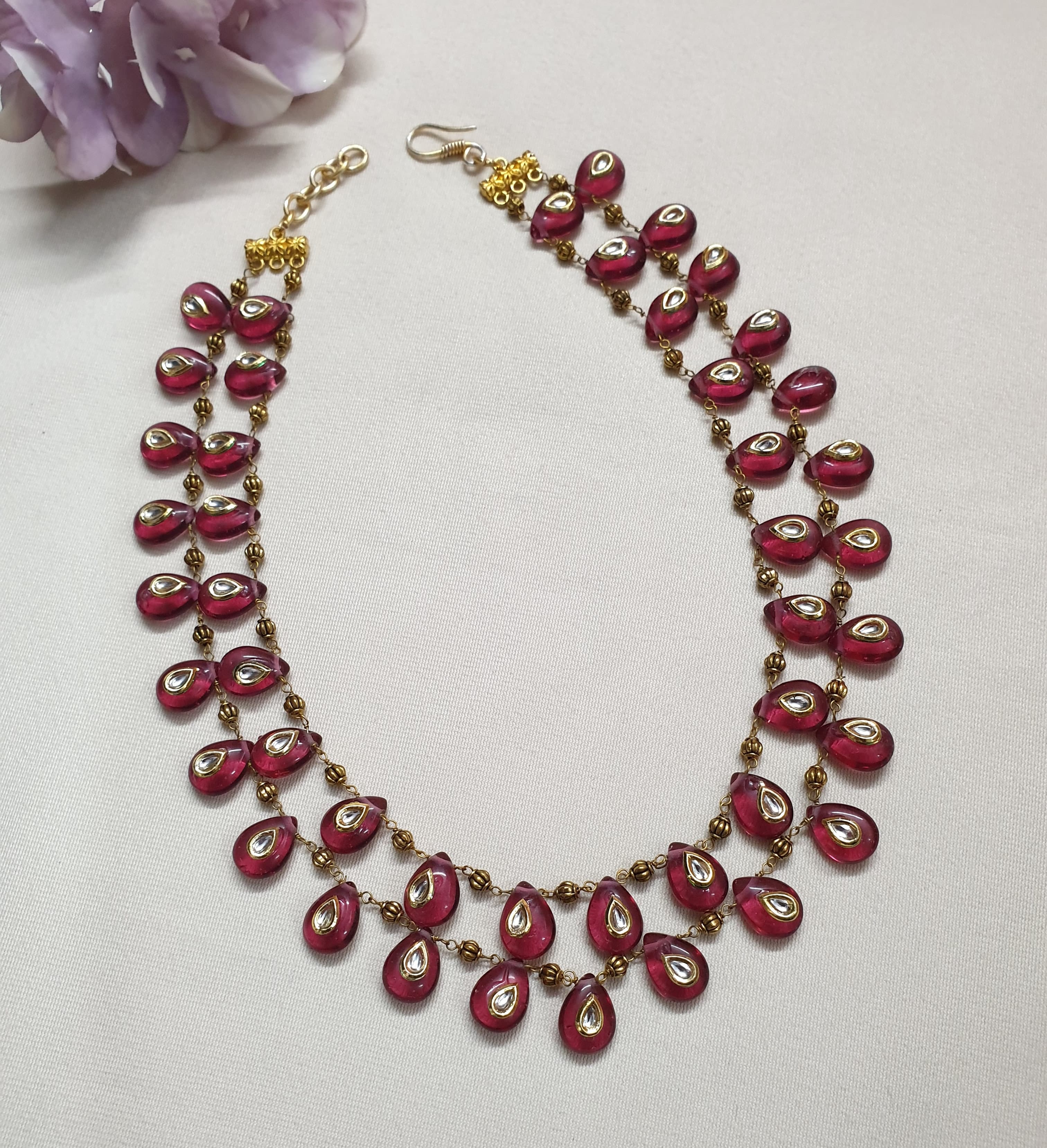 Pink Kundan Drop Delicate Necklace