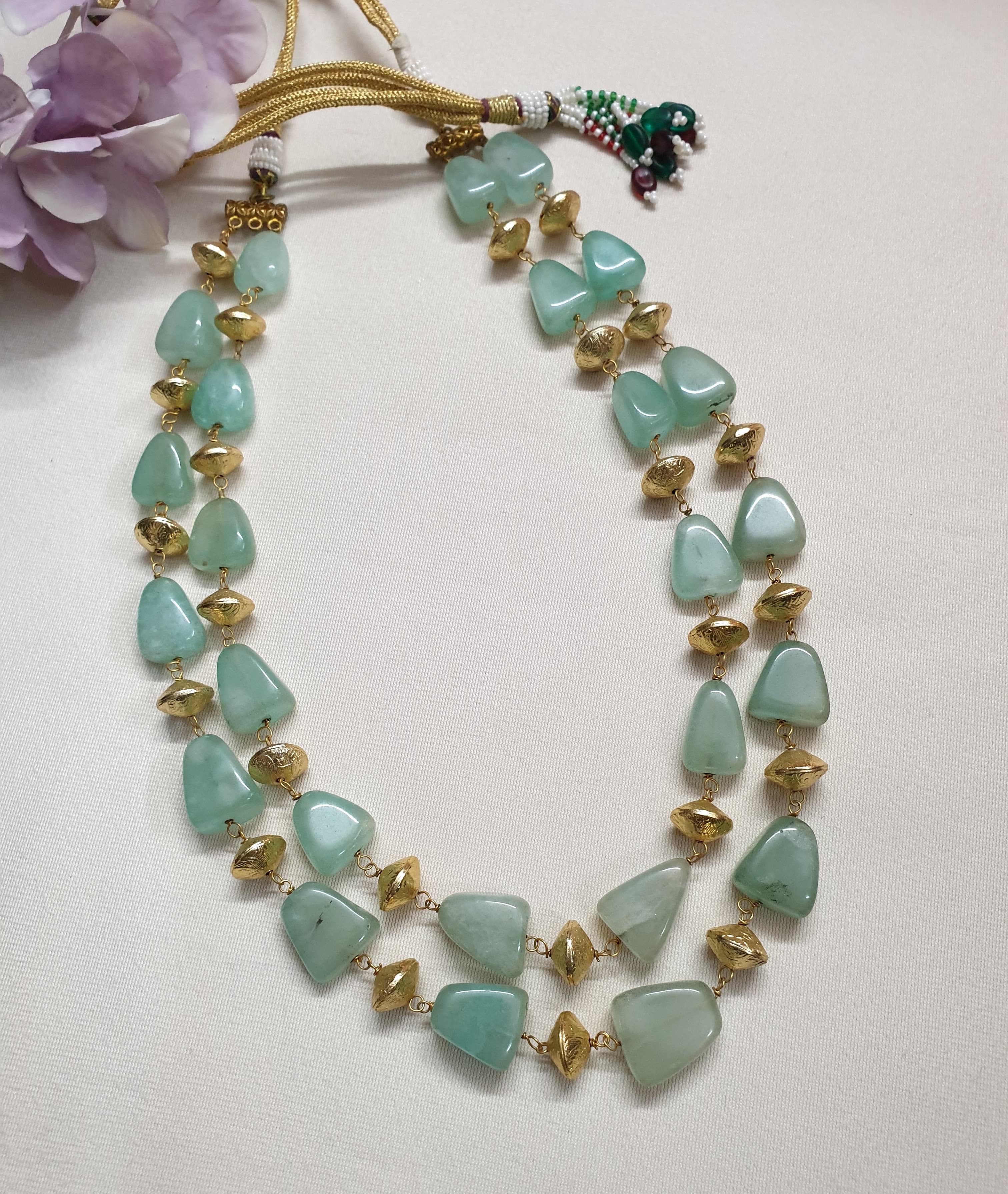 Green Stone Golden Beads Necklace