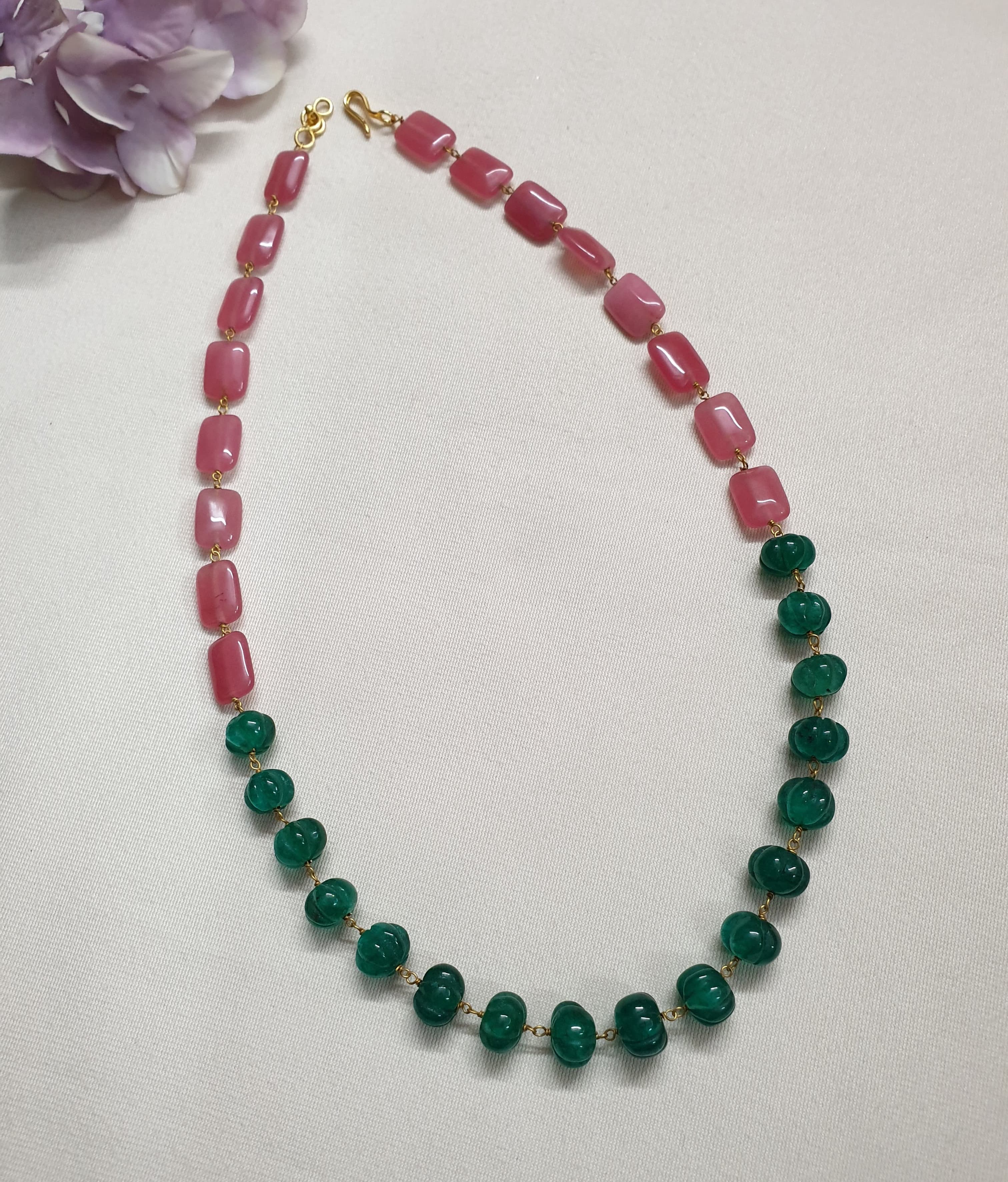 Green Pumpkin Pink Stone Beaded Necklace