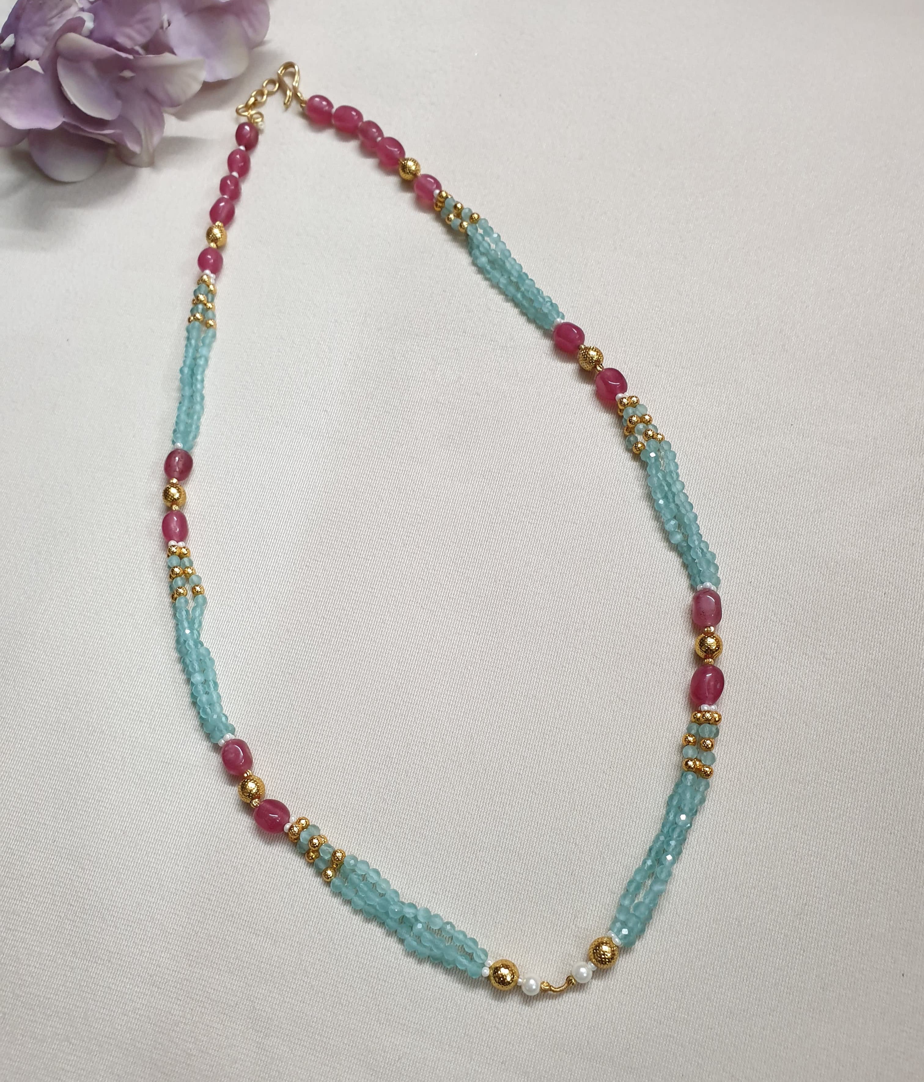 Pink Blue Small Beaded Necklace