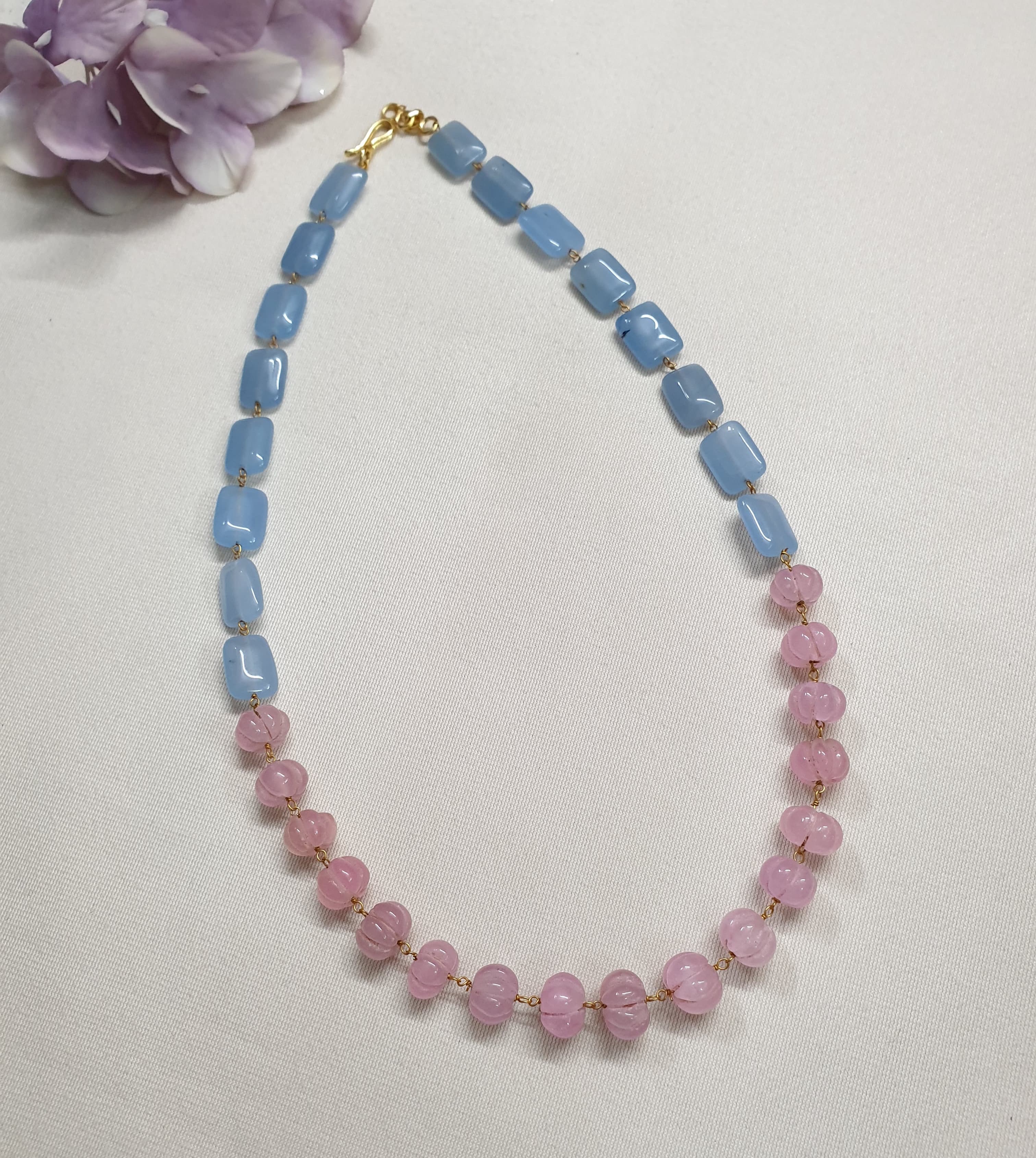 Pink Pumpkin Blue Stone Beaded Necklace