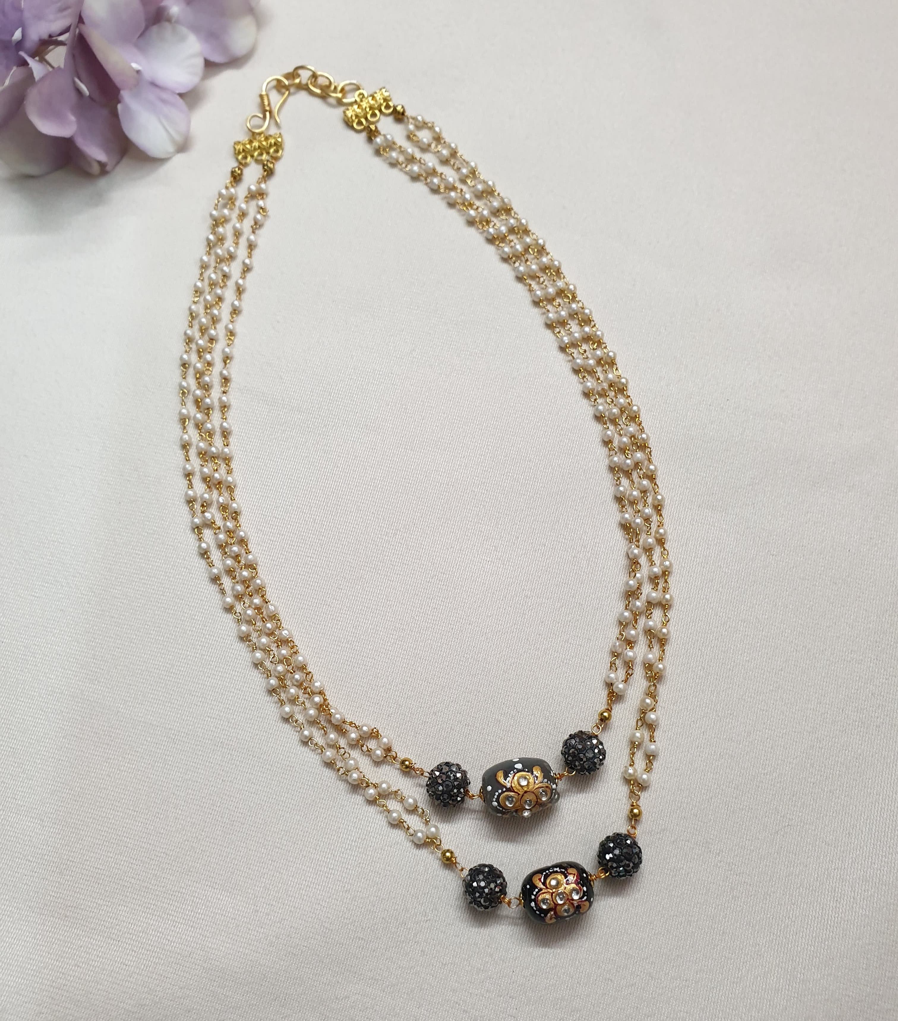 Black Grey Handpainted Pearl Beaded Necklace