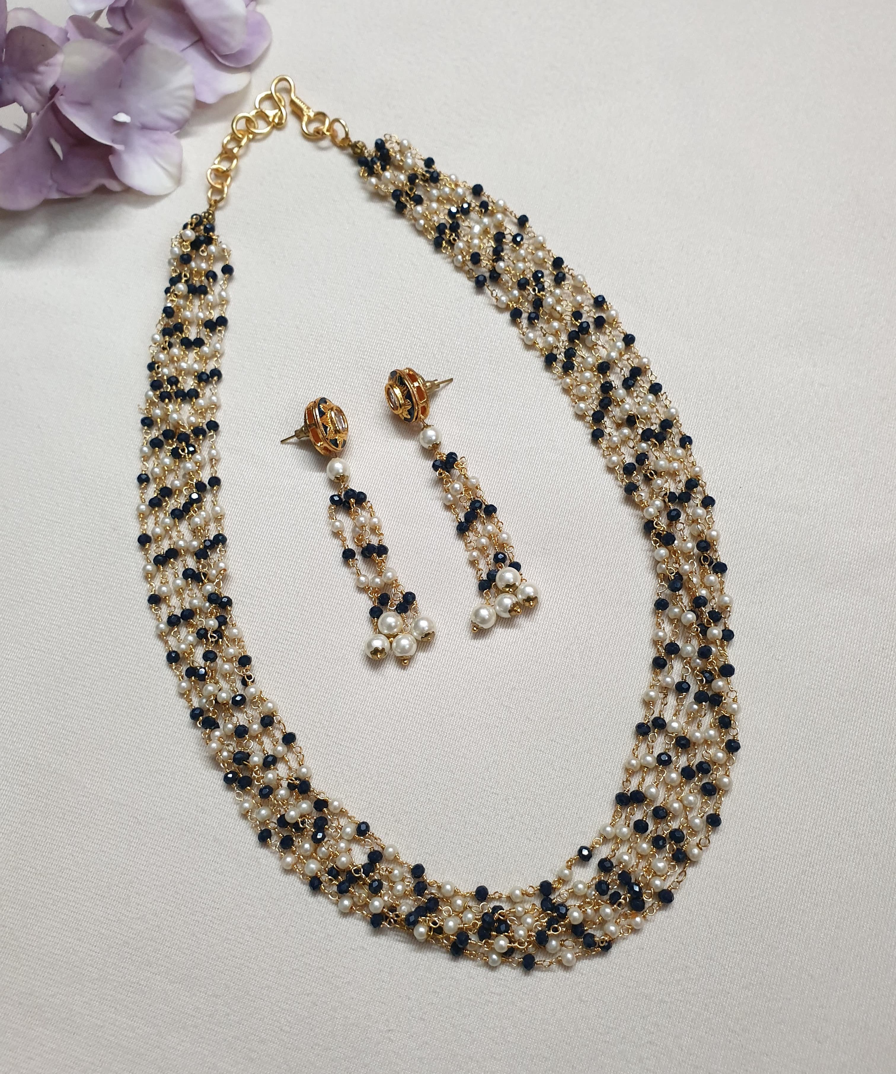 Dark Blue and Small Pearl Bead Multi Layered Necklace