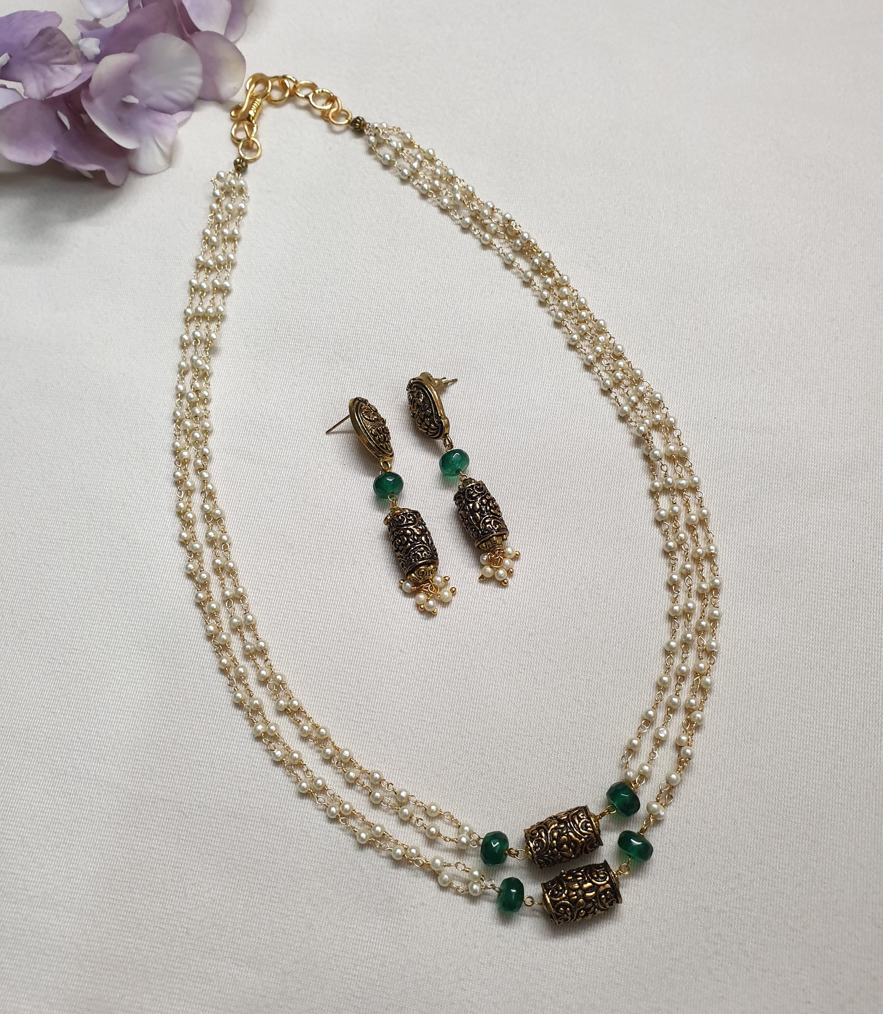 Antique Gold Handcarved Bead and Pearl Layered Necklace