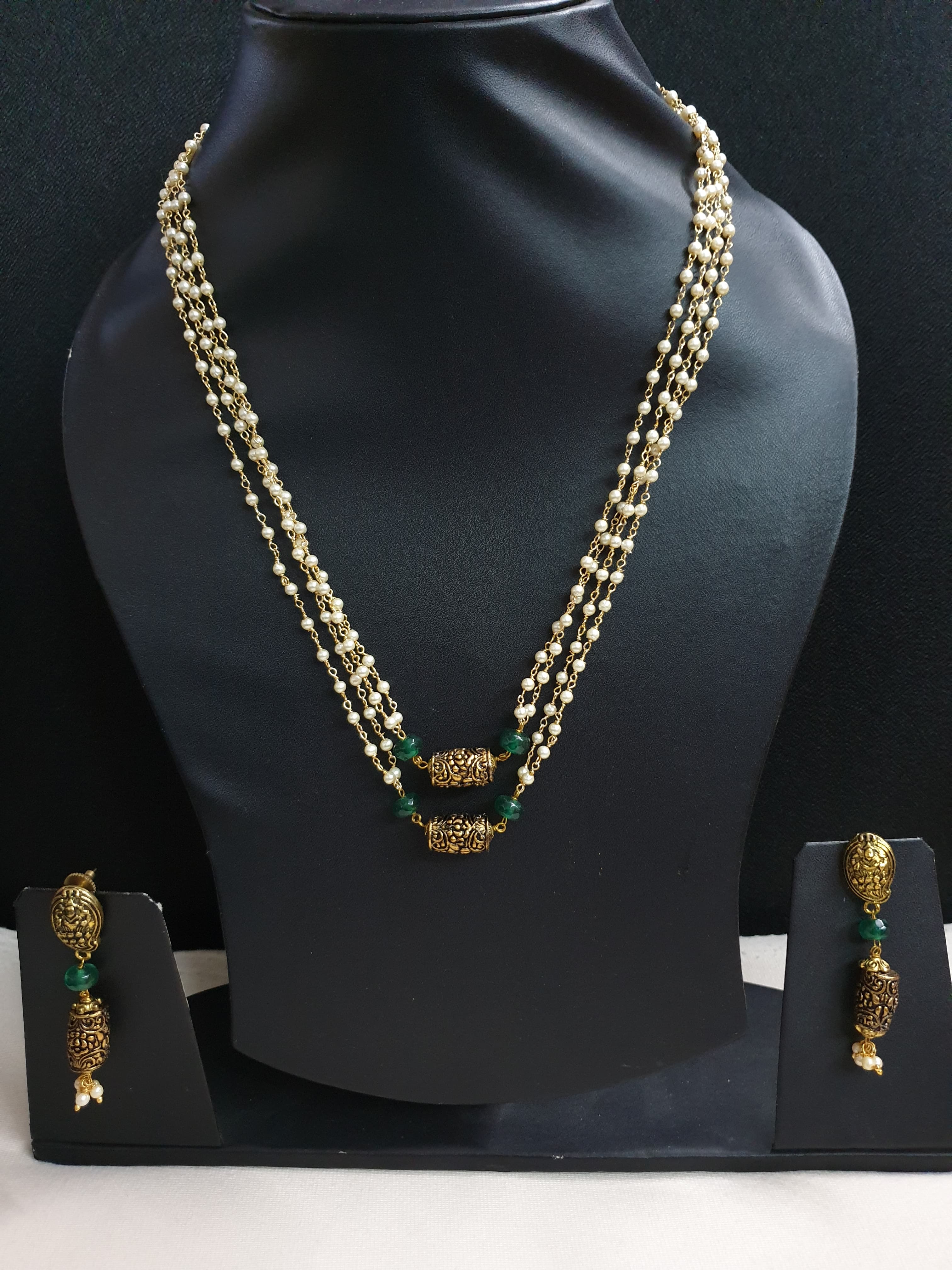 Antique Gold Handcarved Bead and Pearl Layered Necklace