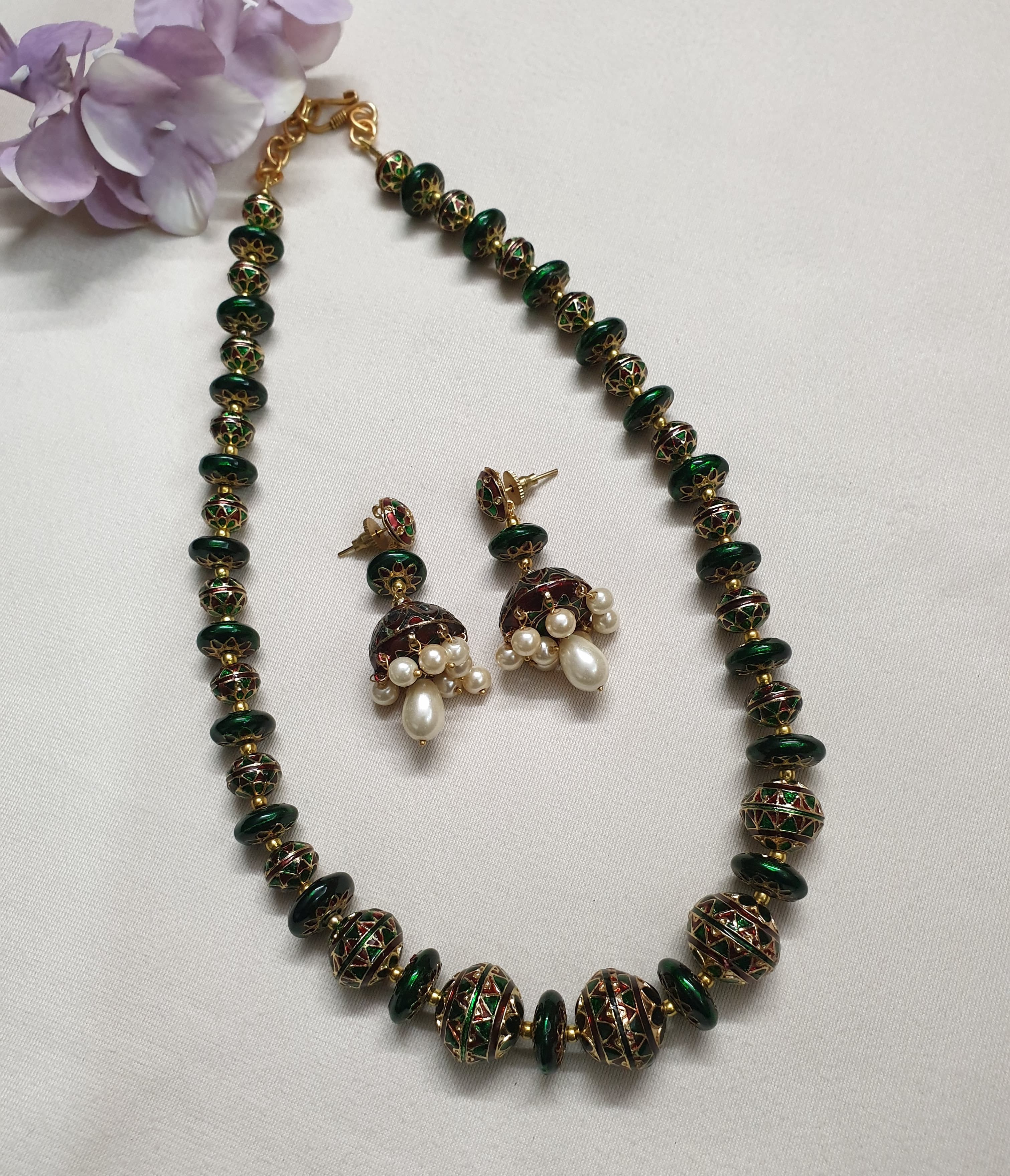 Green Meenakari Beaded Necklace with Earrings