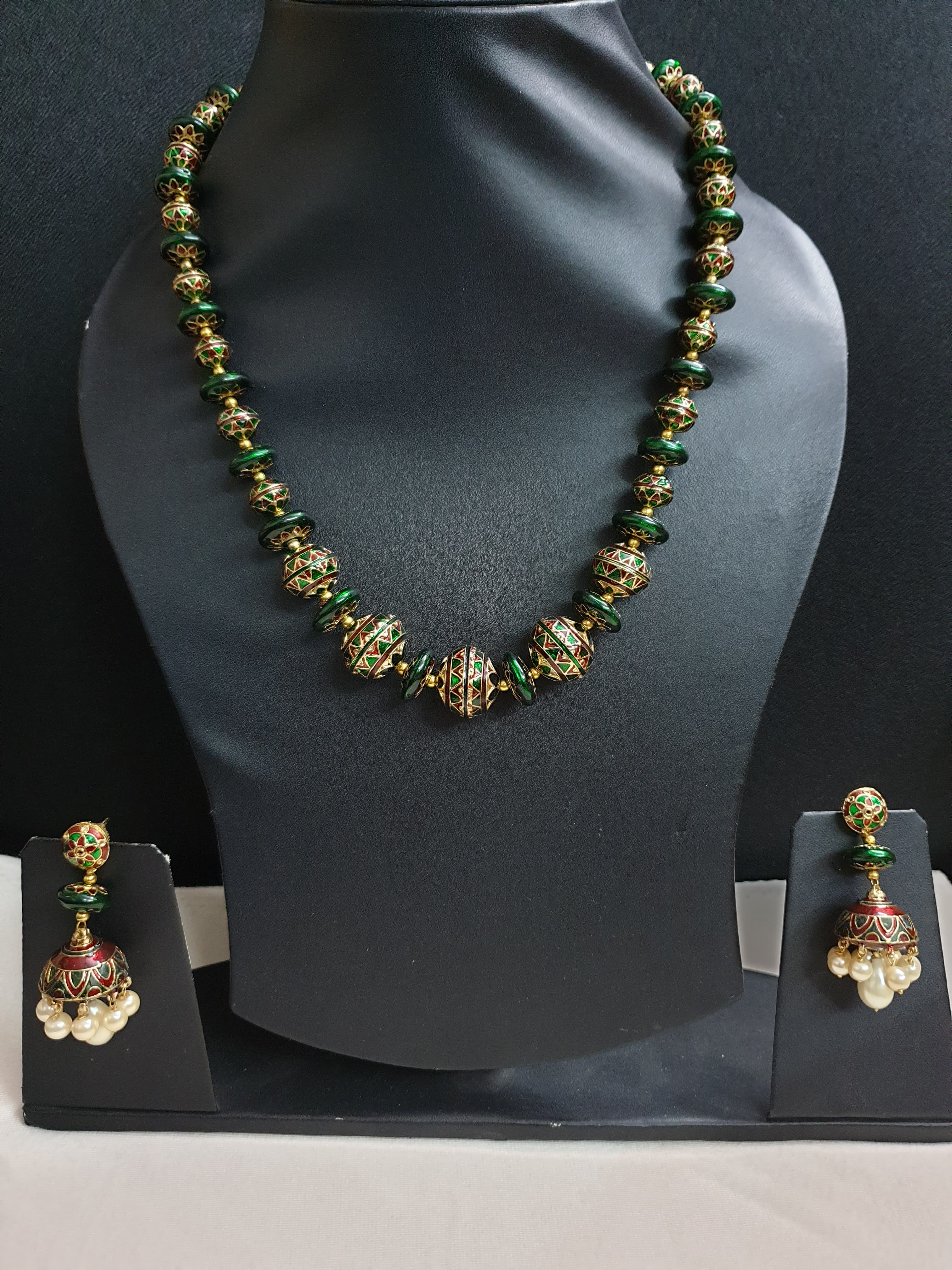 Green Meenakari Beaded Necklace with Earrings