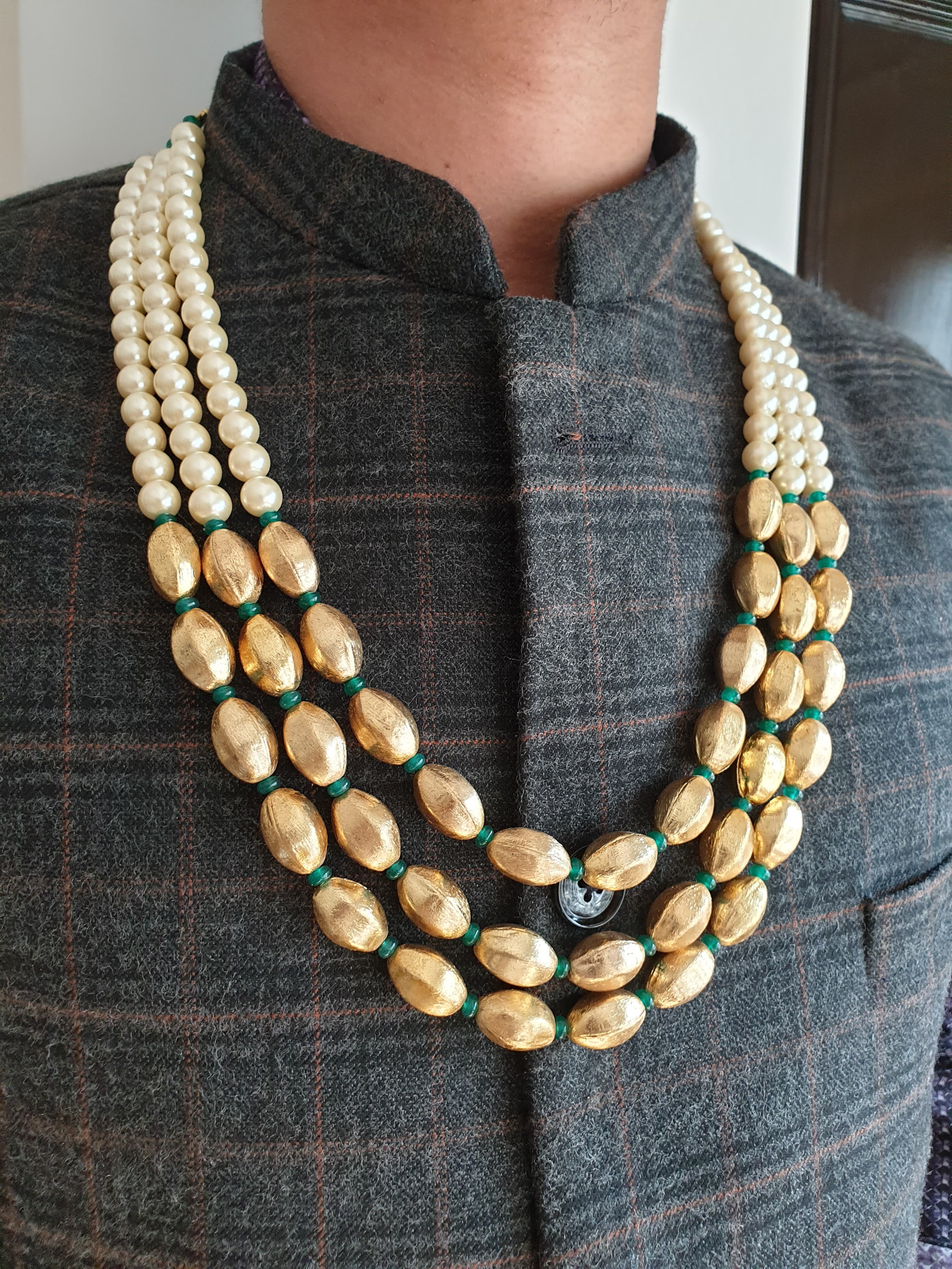 Three Layered Golden Vermeil Beads and Pearl Groom Necklace