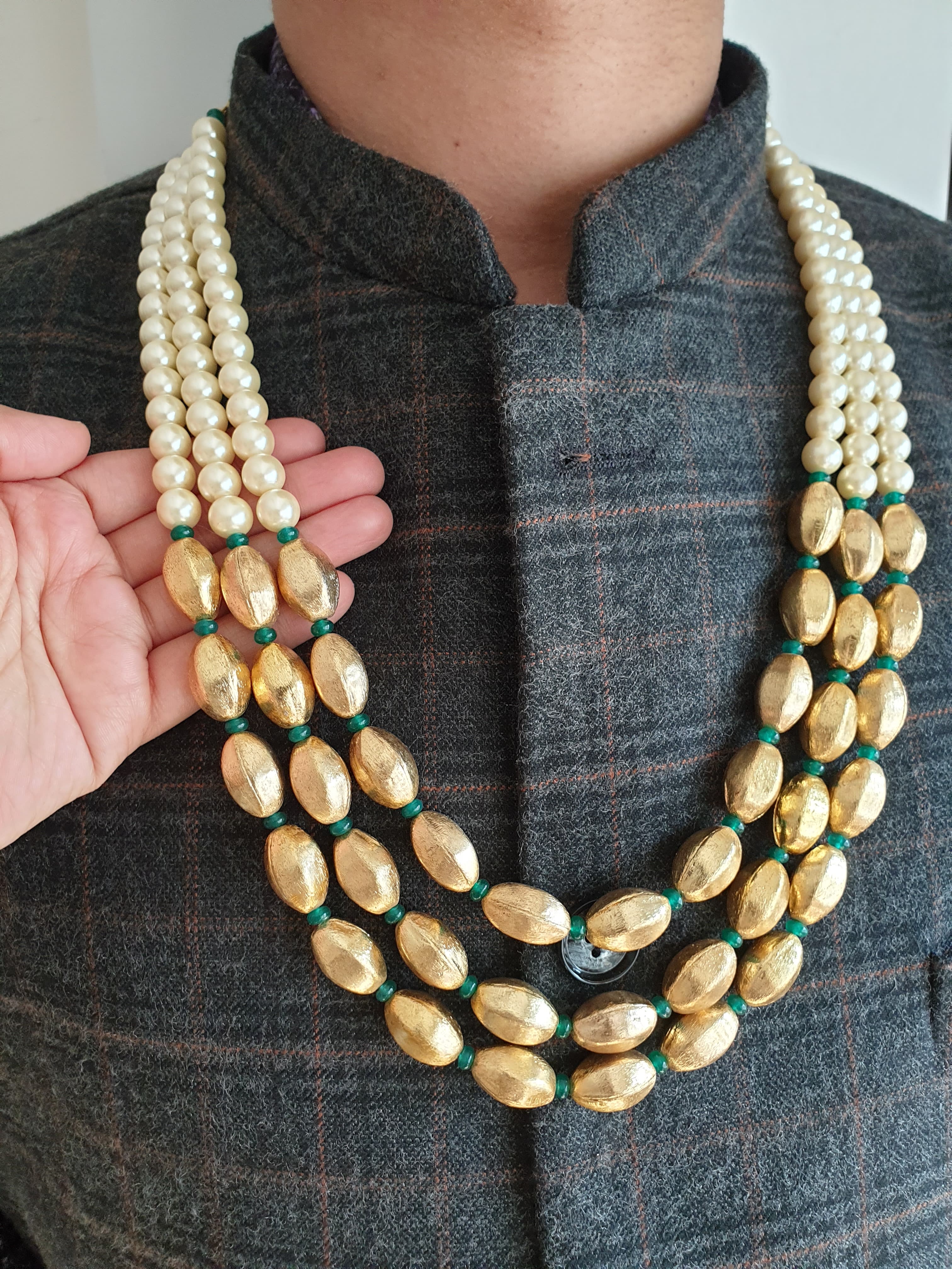 Three Layered Golden Vermeil Beads and Pearl Groom Necklace