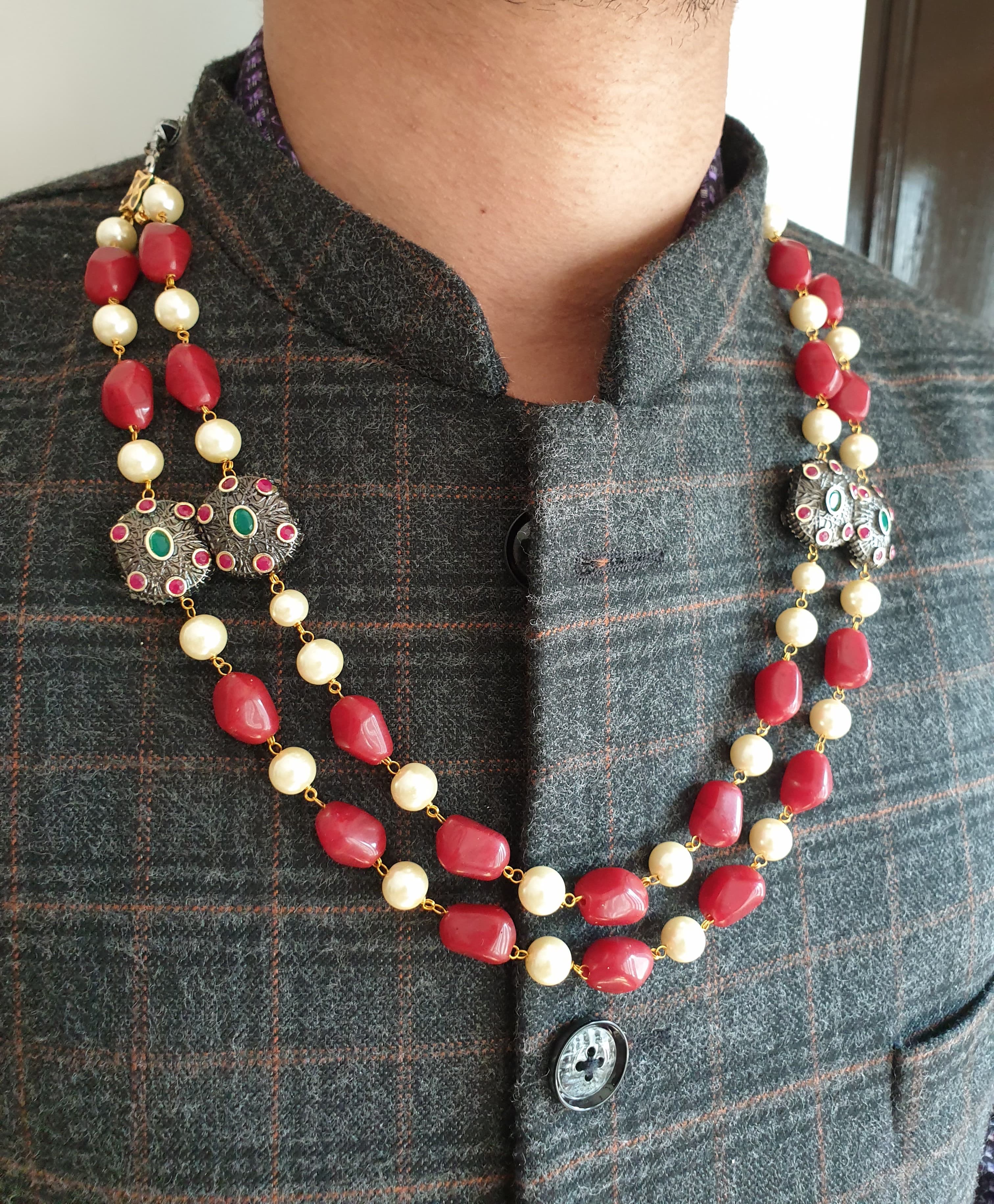 Two Layered Antique Beads Red Groom Necklace