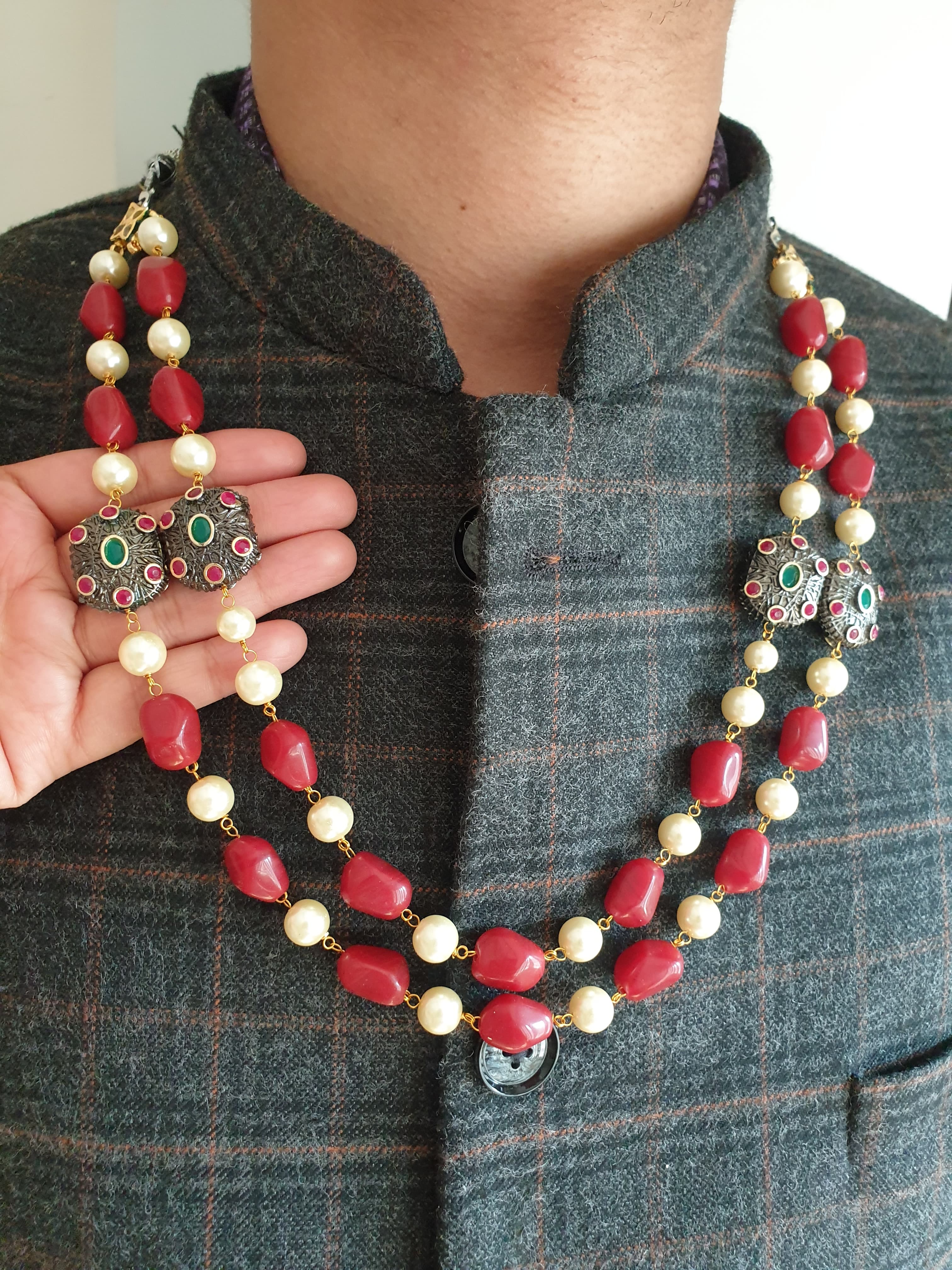 Two Layered Antique Beads Red Groom Necklace