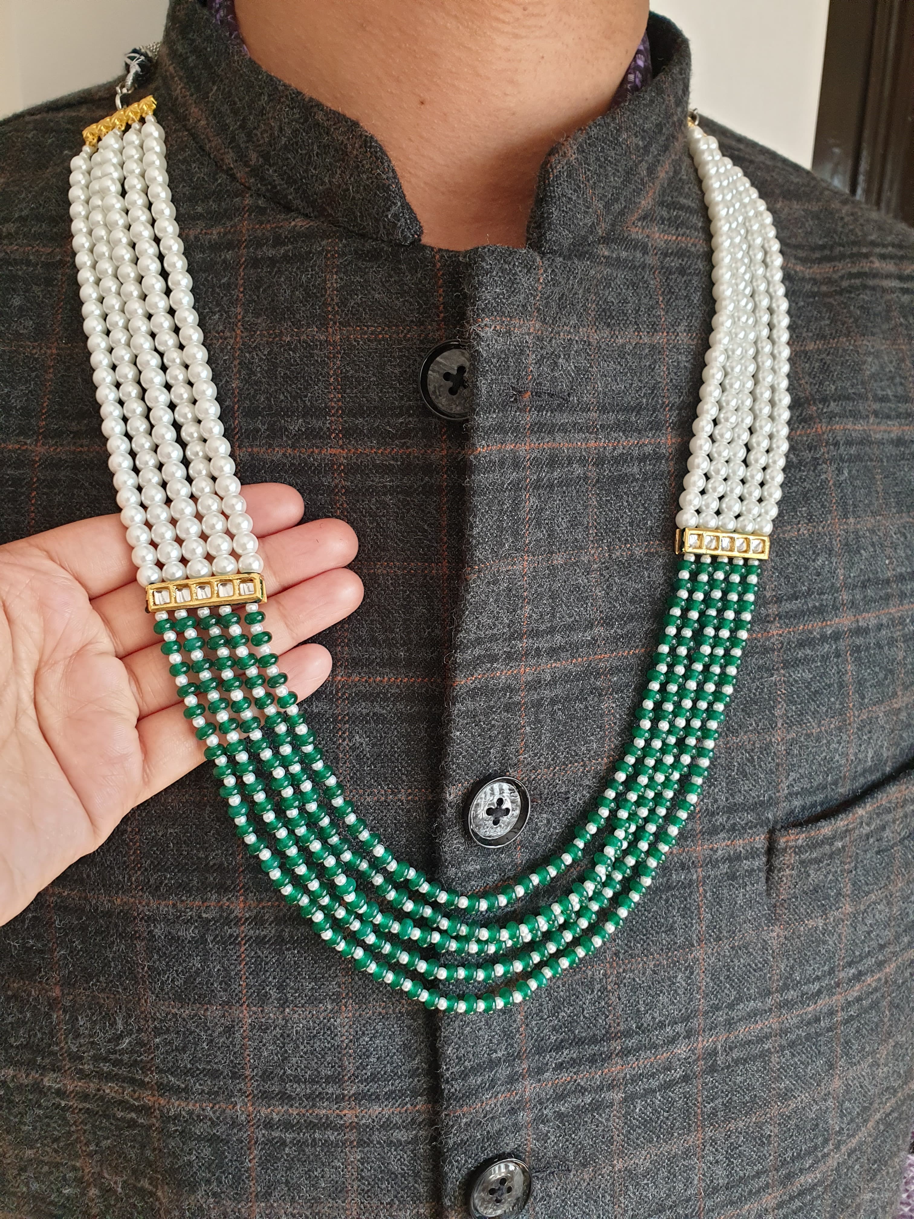 Five Layered Green Stone Beads Groom Necklace