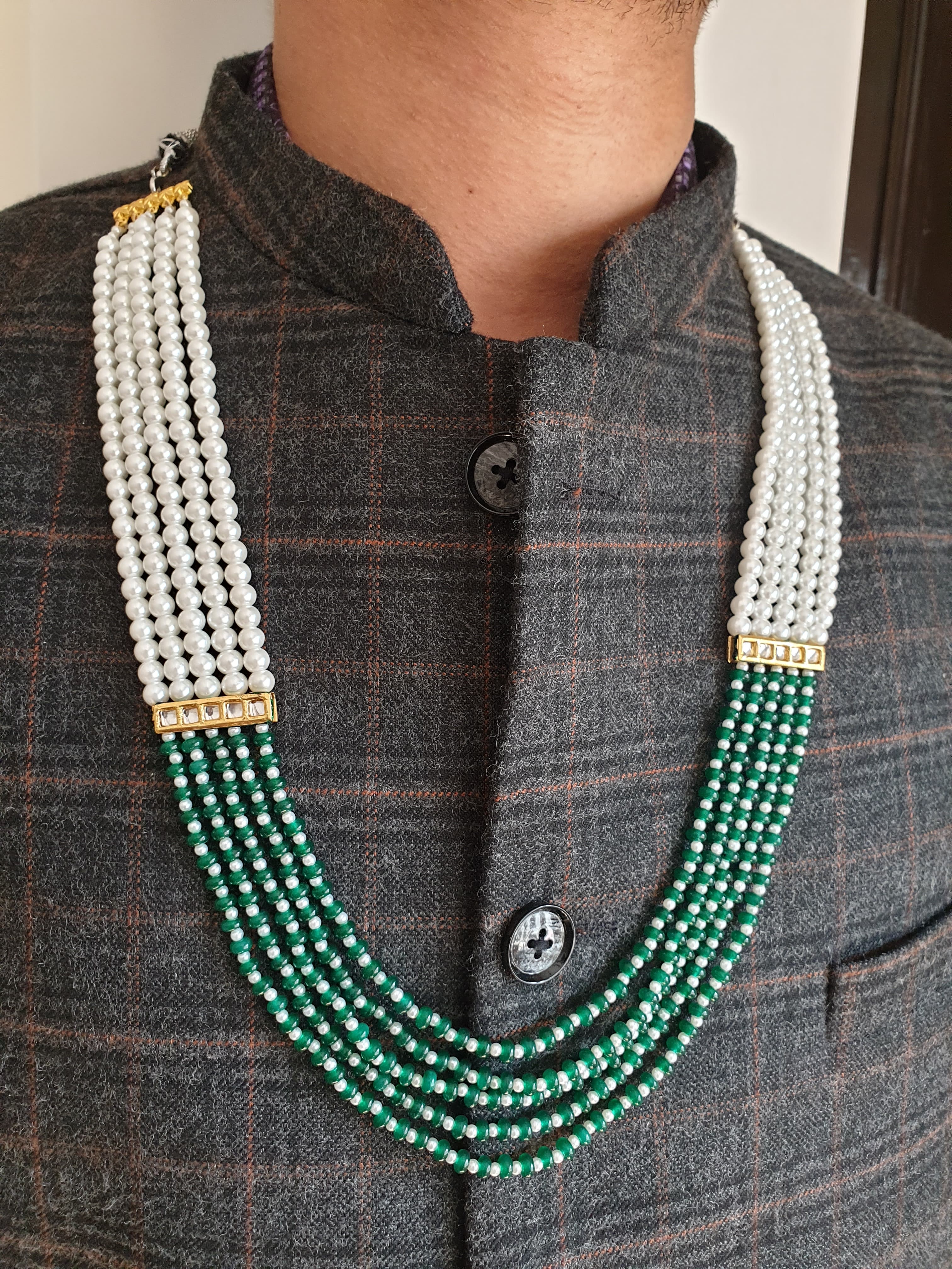 Five Layered Green Stone Beads Groom Necklace