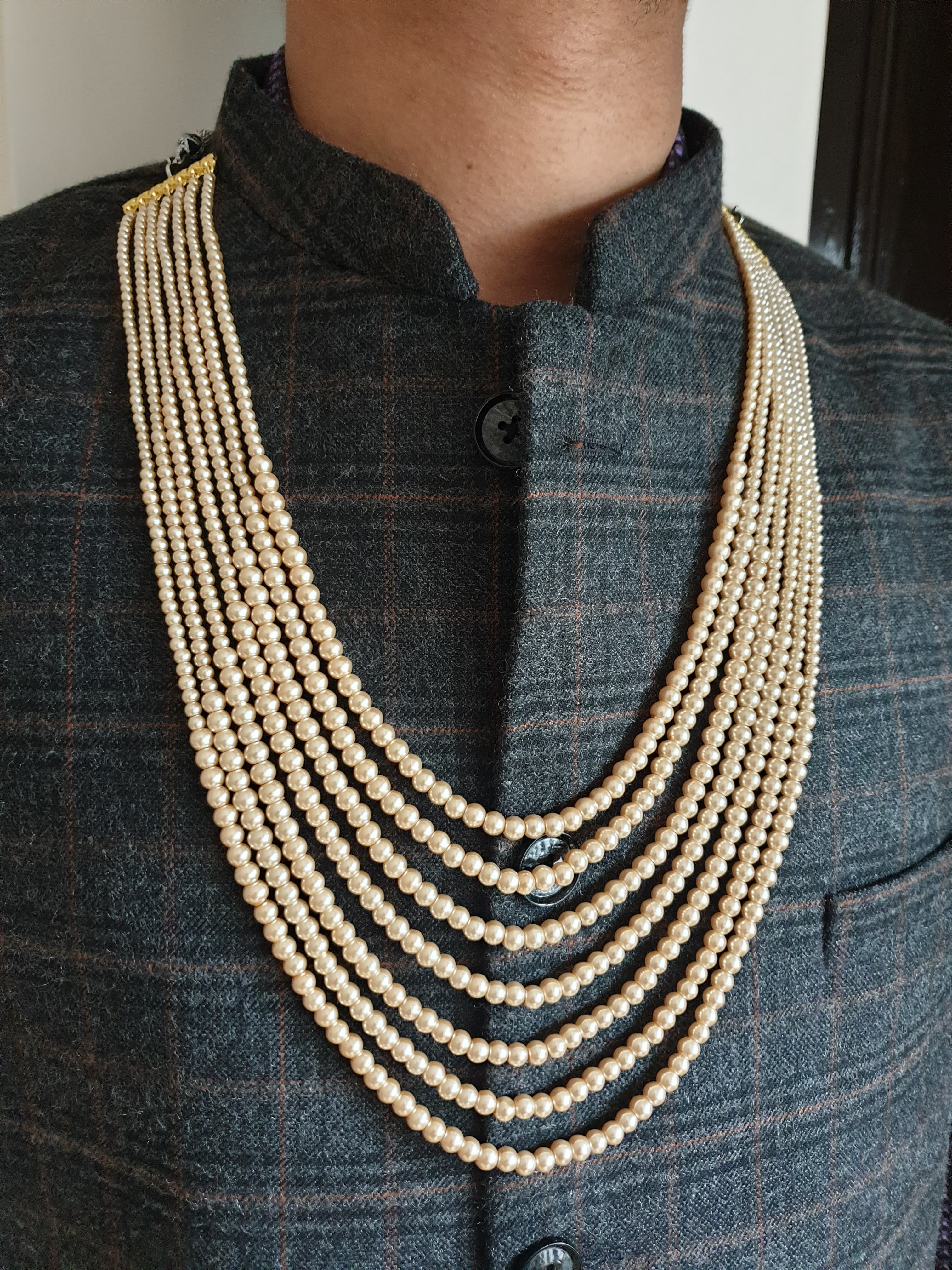 Seven Layered Golden Pearl Beads Groom Necklace