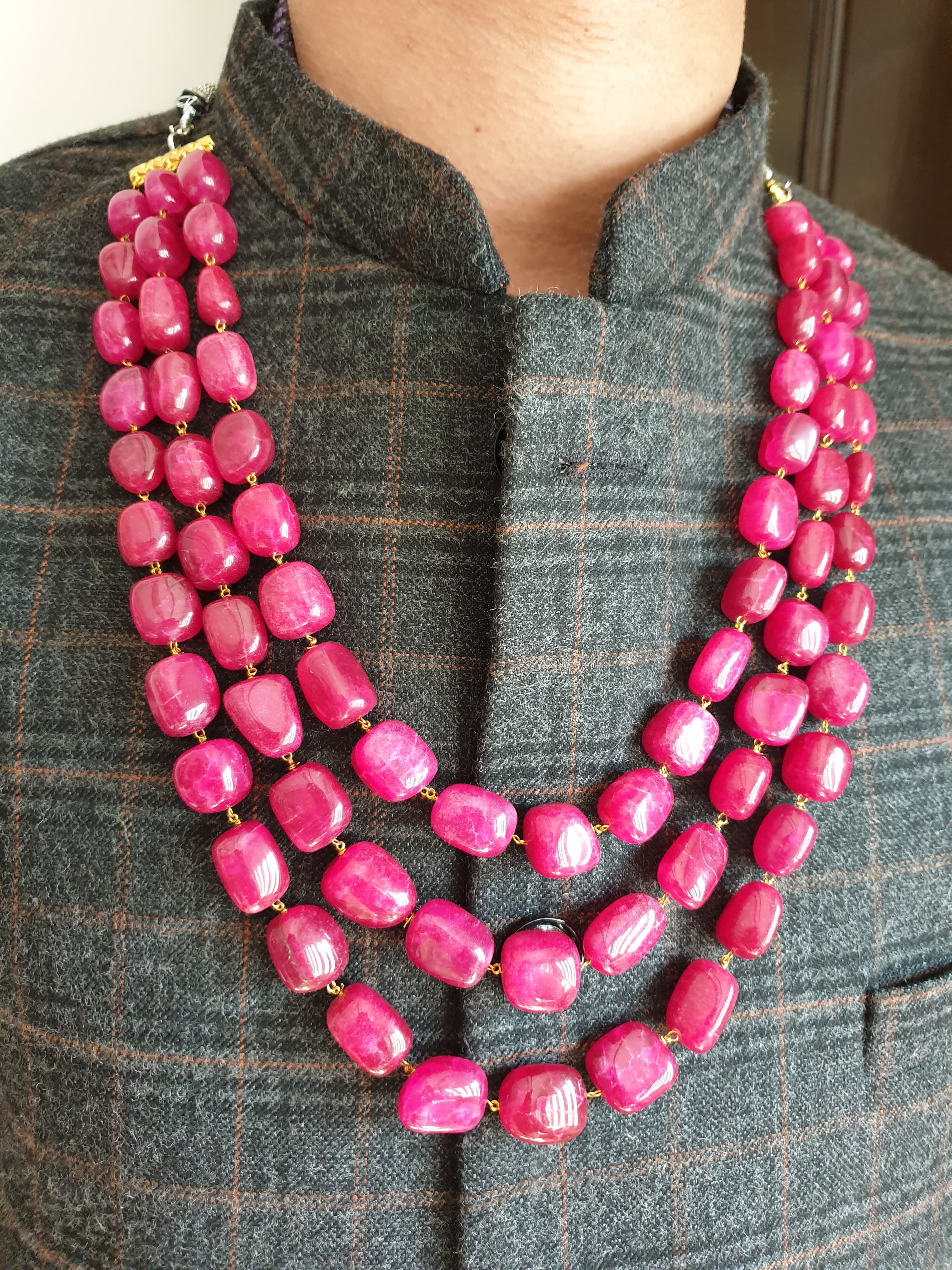 Three Layered Hot Pink Stone Beads Groom Necklace