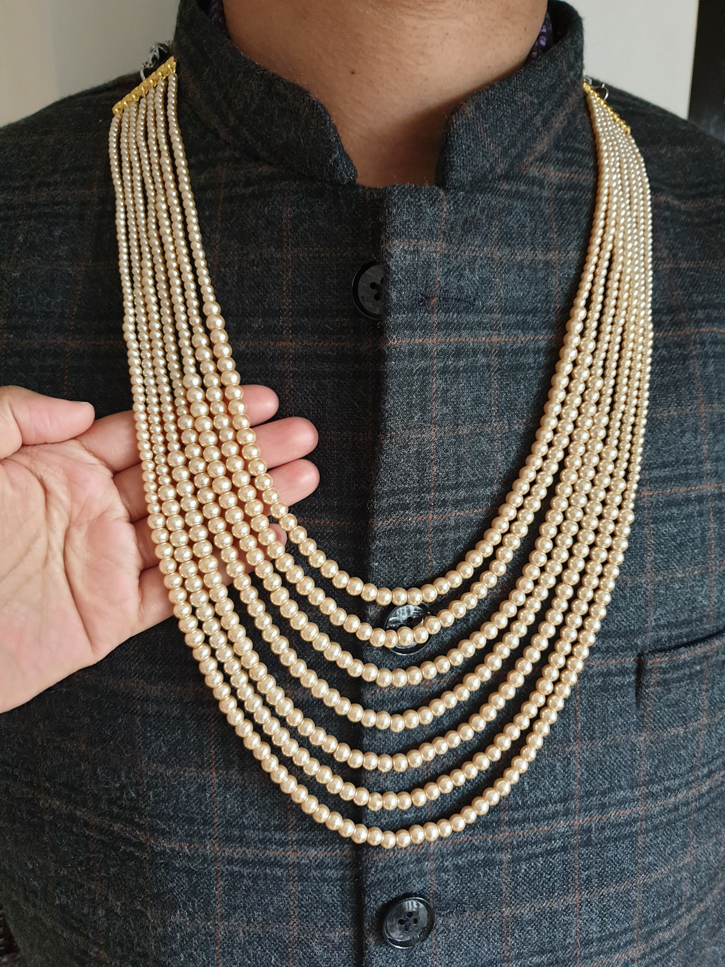 Seven Layered Golden Pearl Beads Groom Necklace