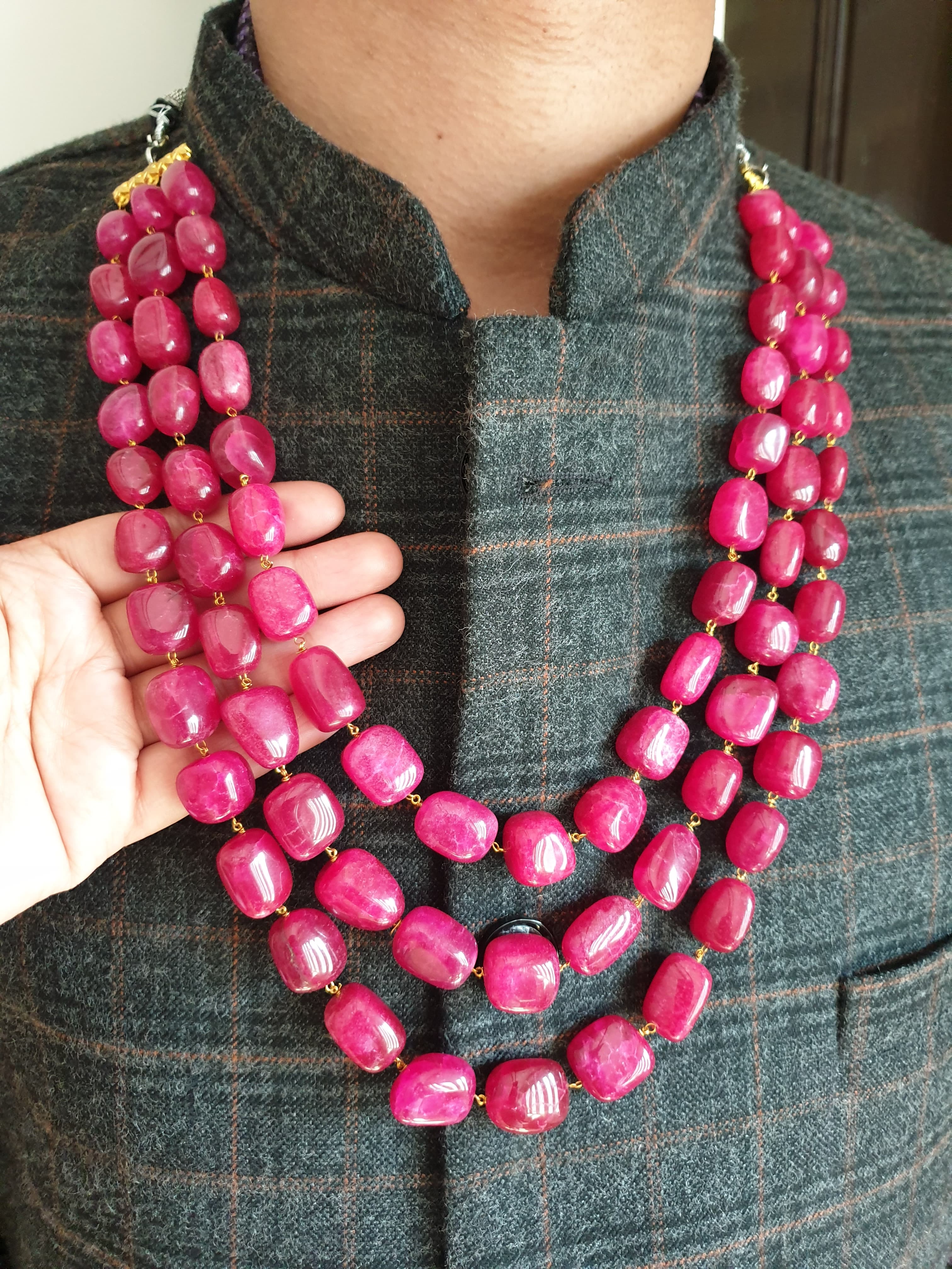 Three Layered Hot Pink Stone Beads Groom Necklace