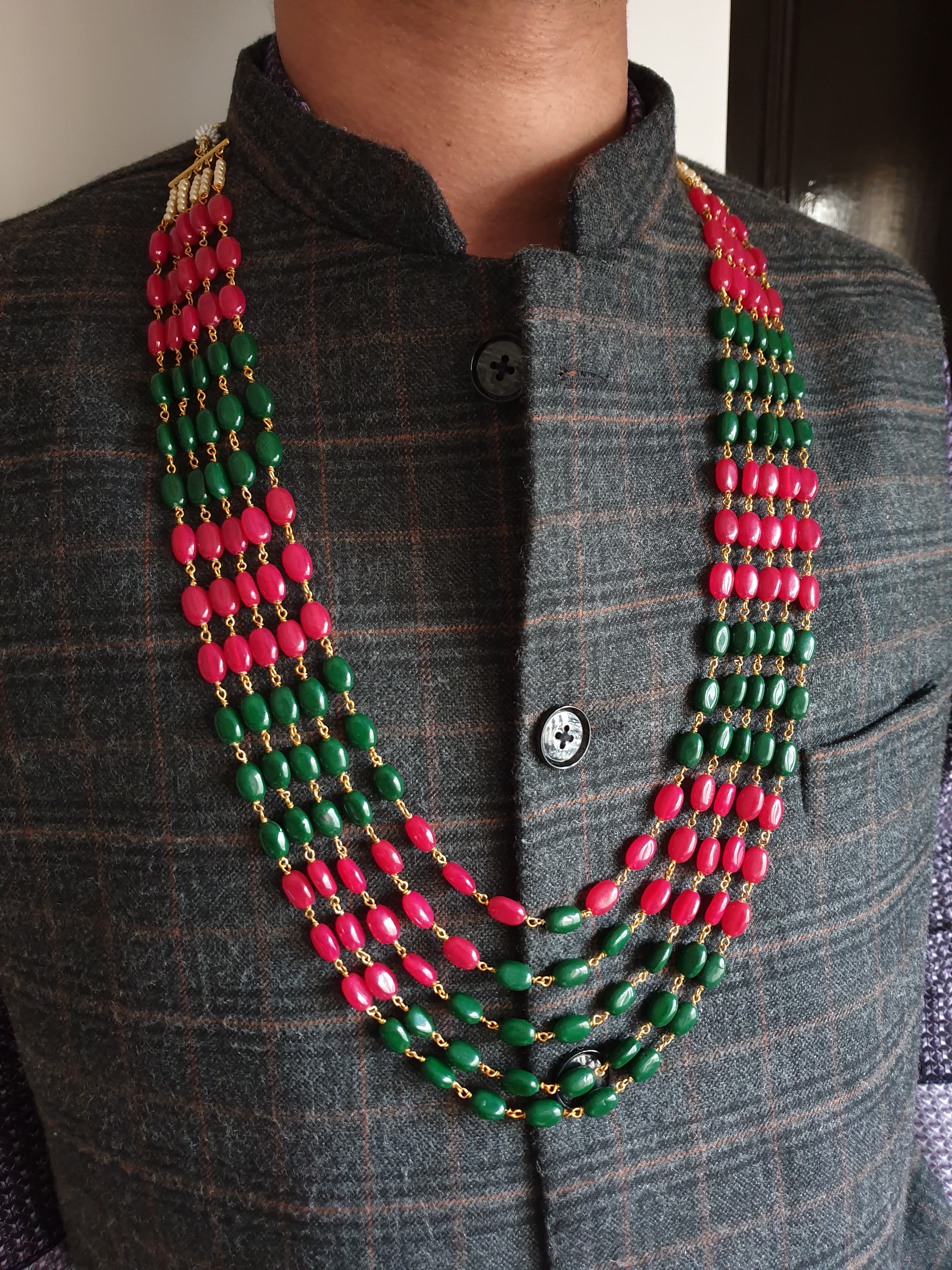 Five Layered Red Green Small Beads Groom Necklace