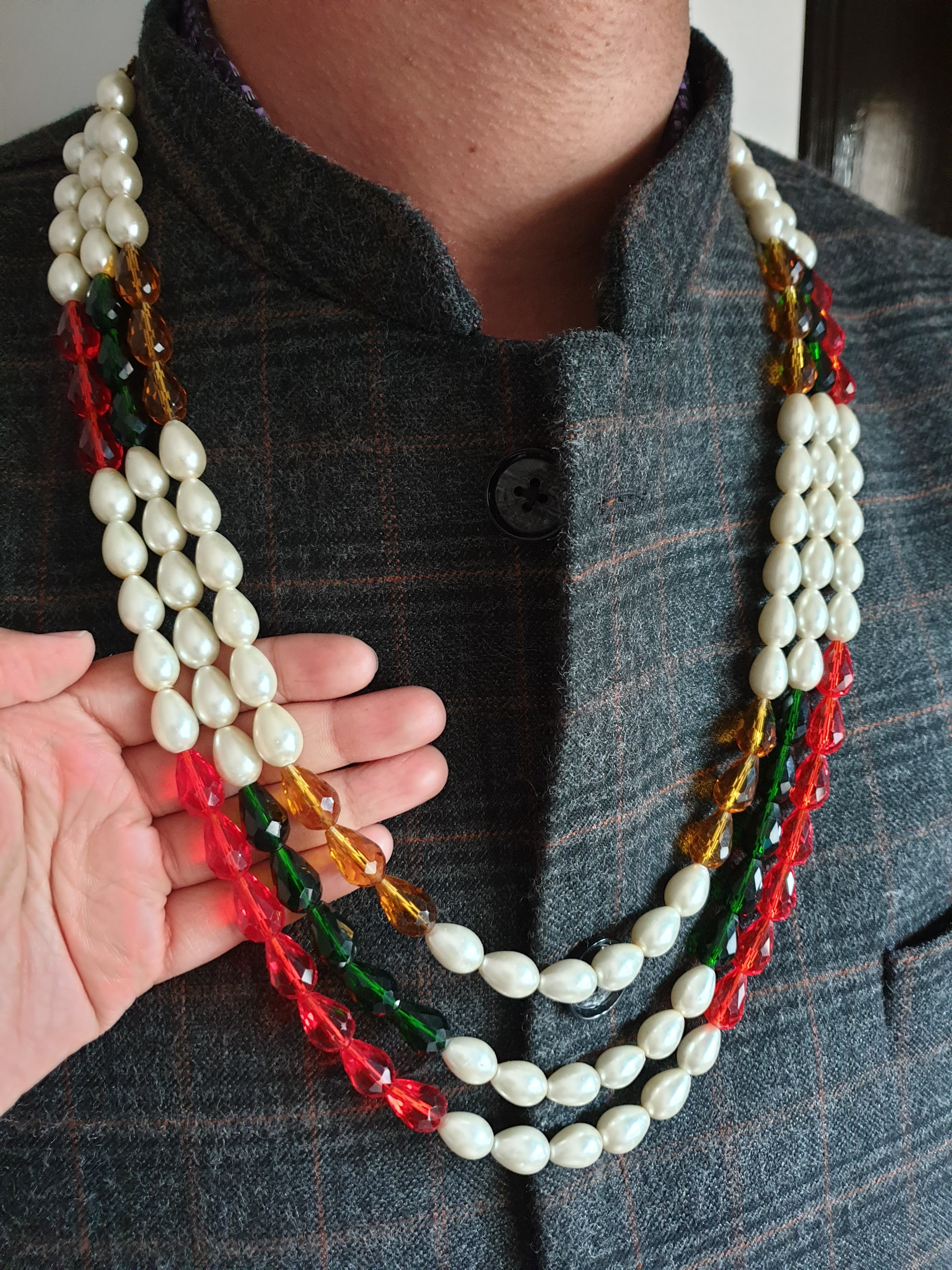 Three Layered Pearl and Drop Bead Groom Necklace