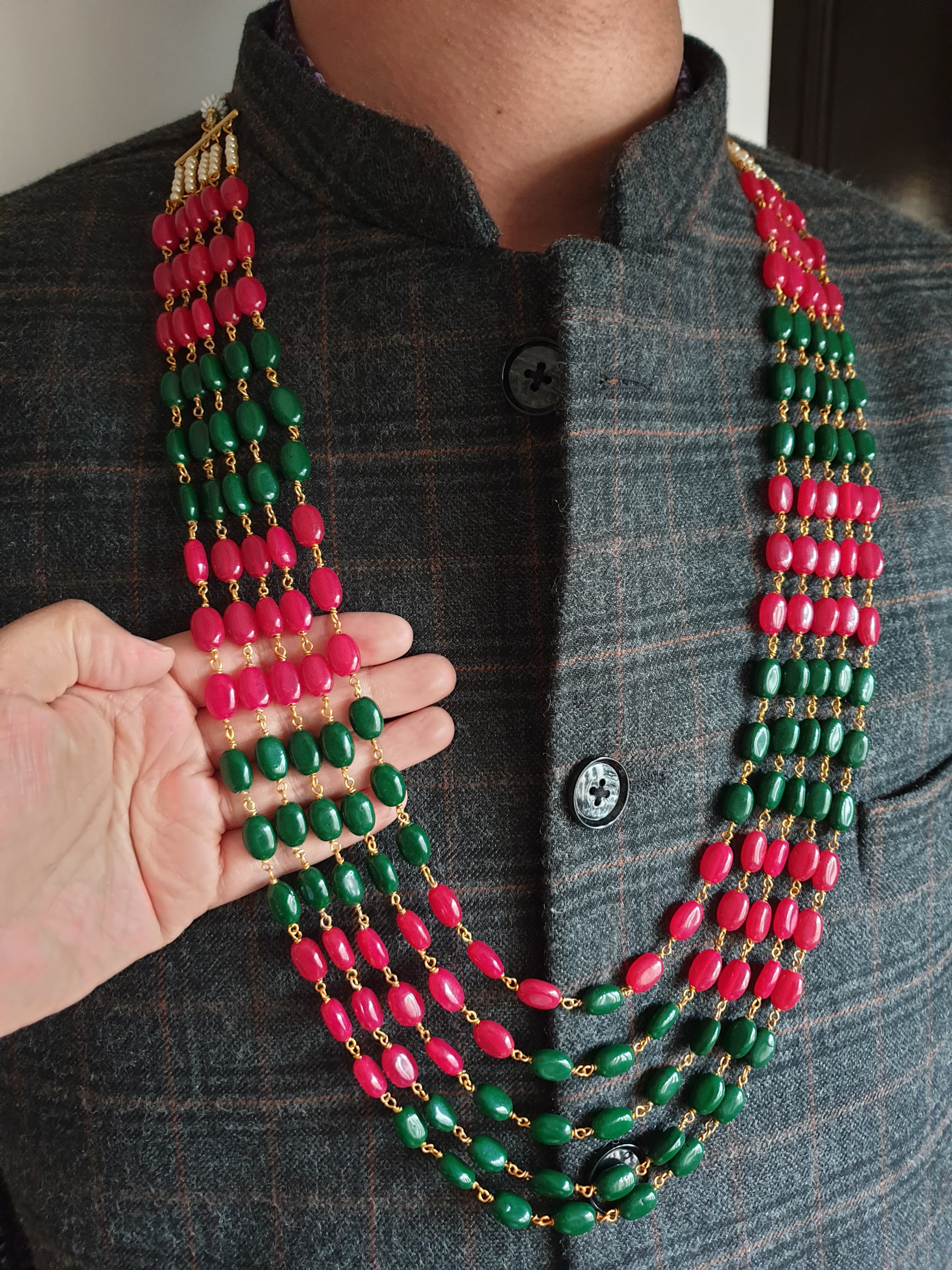 Five Layered Red Green Small Beads Groom Necklace