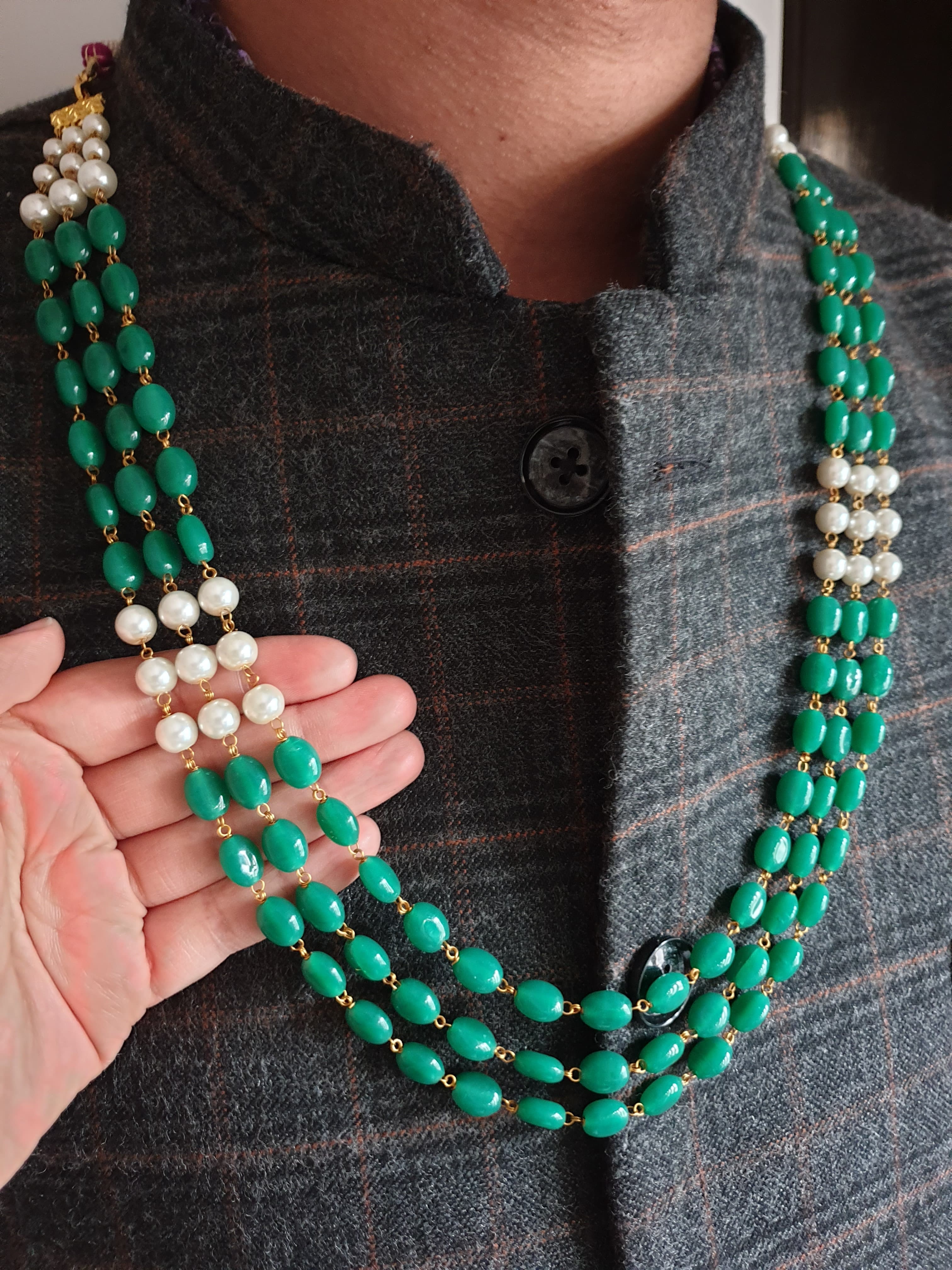 Three Layered Pearl and Green Bead Groom Necklace