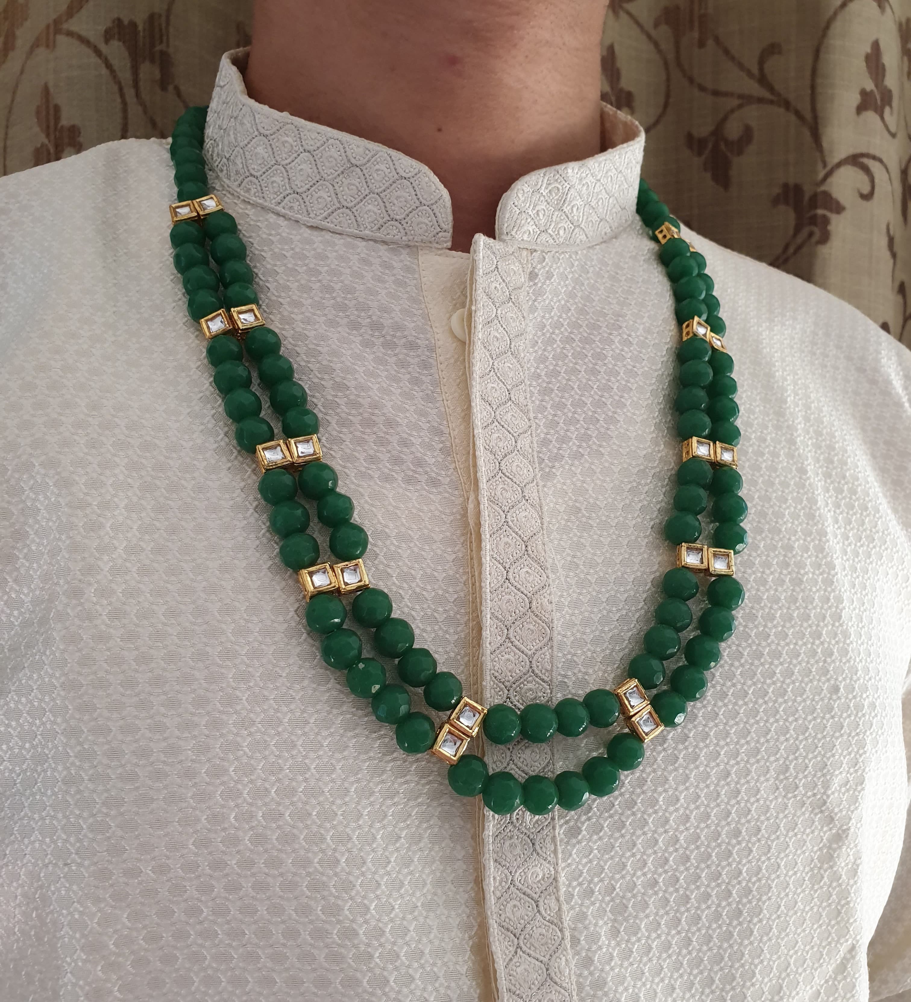 Two Layered Emerald Green Stone And Kundan Groom Necklace