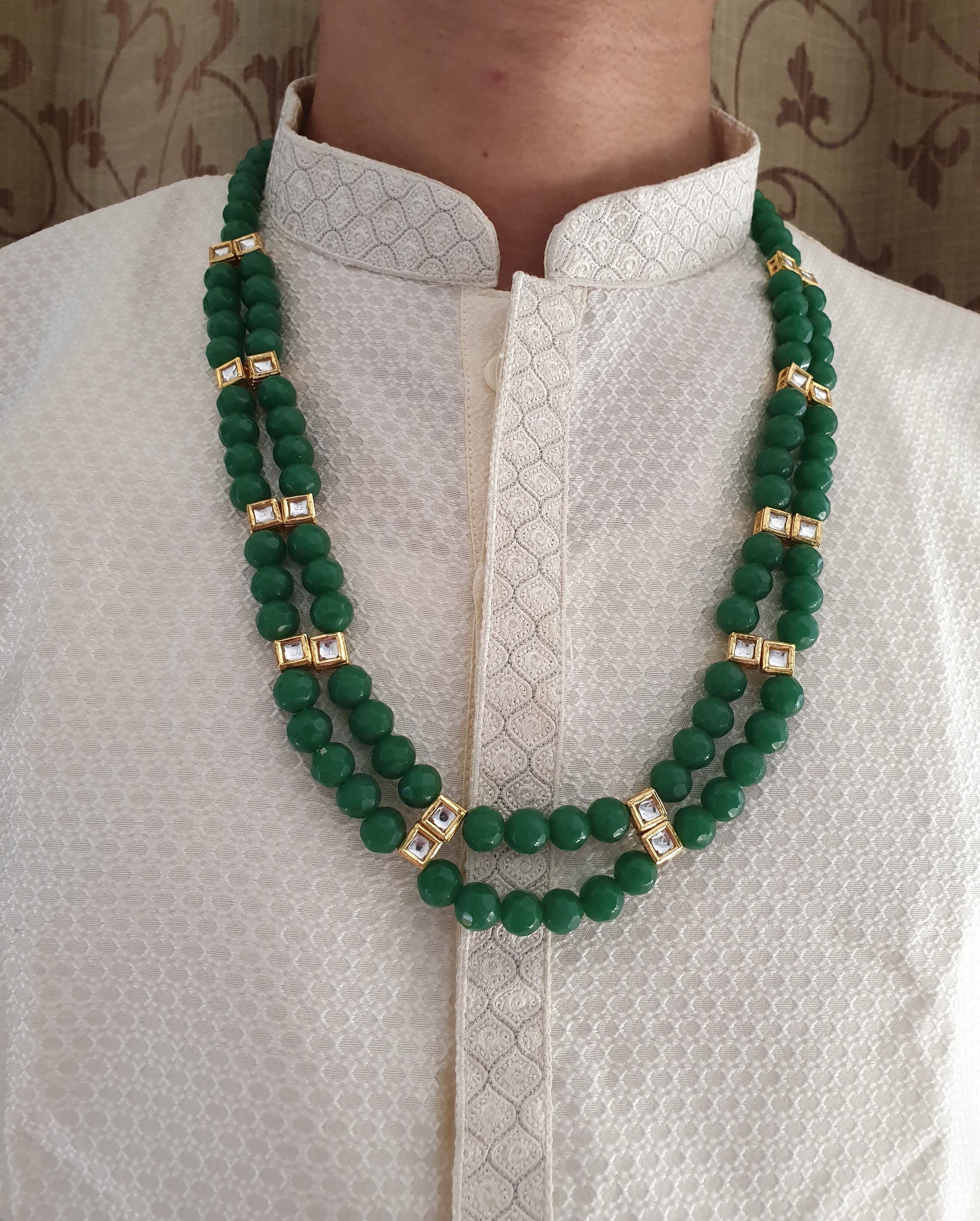 Two Layered Emerald Green Stone And Kundan Groom Necklace