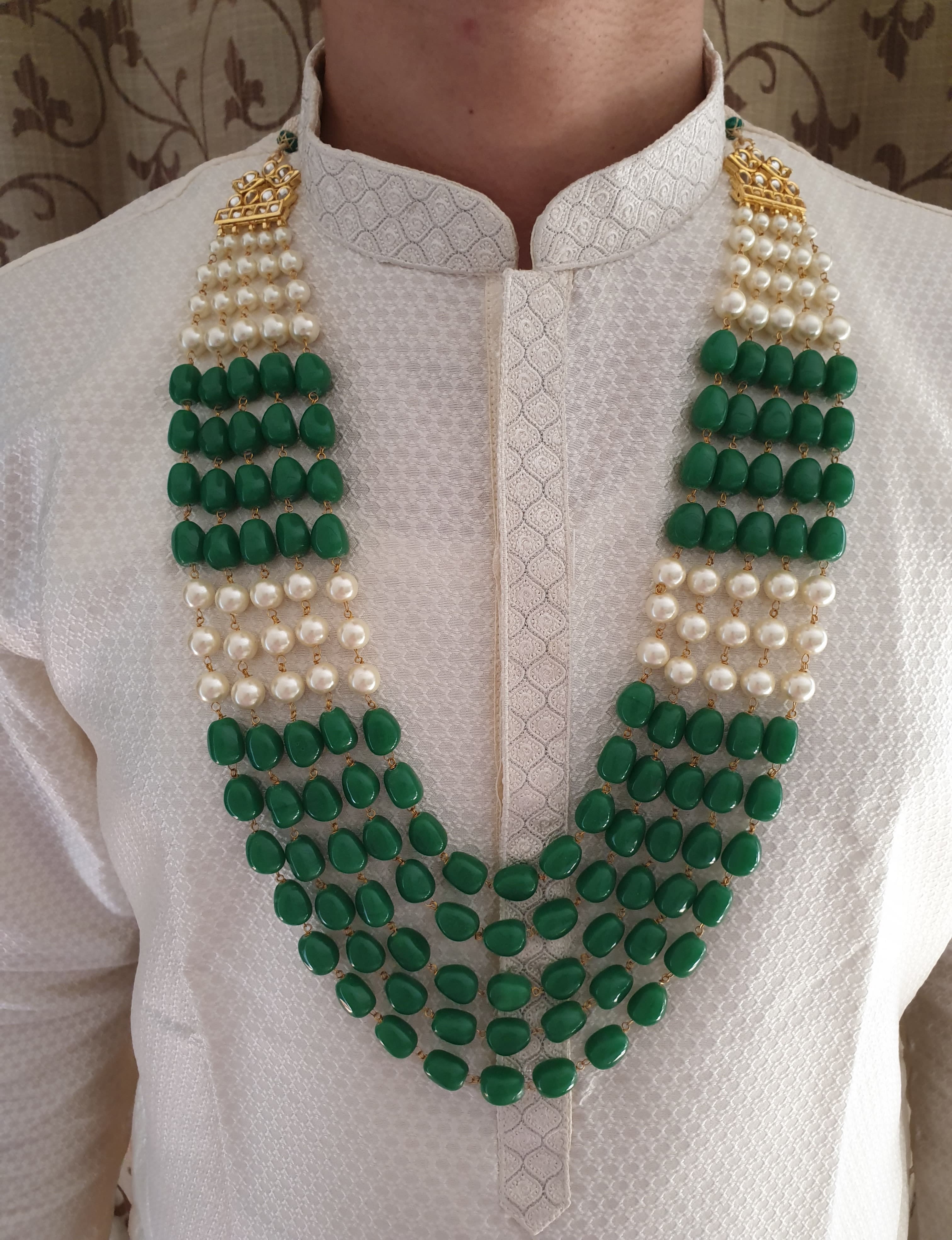 Five Layered Green and Pearl Beads Groom Necklace