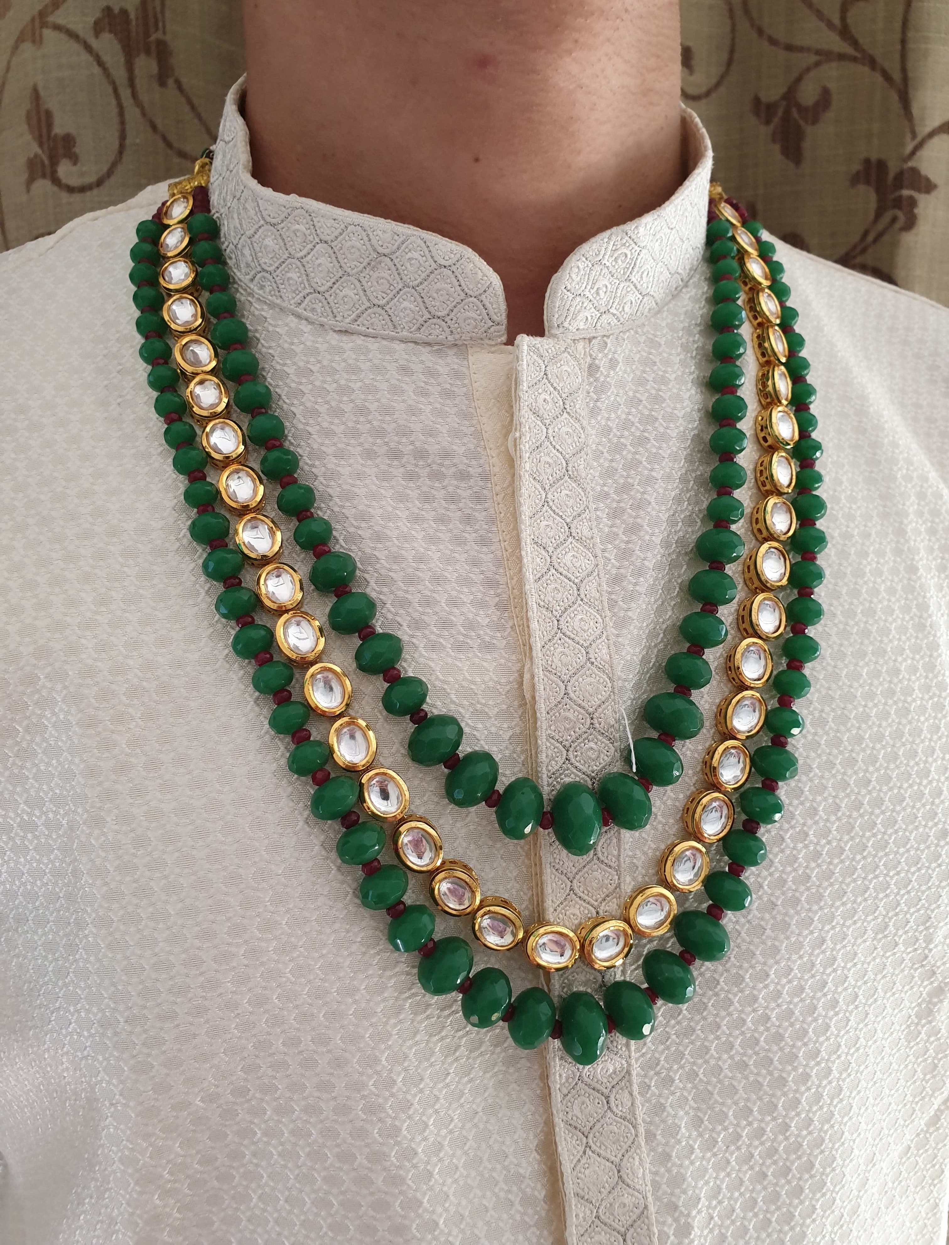 Three Layered Green and Kundan Stone Groom Necklace