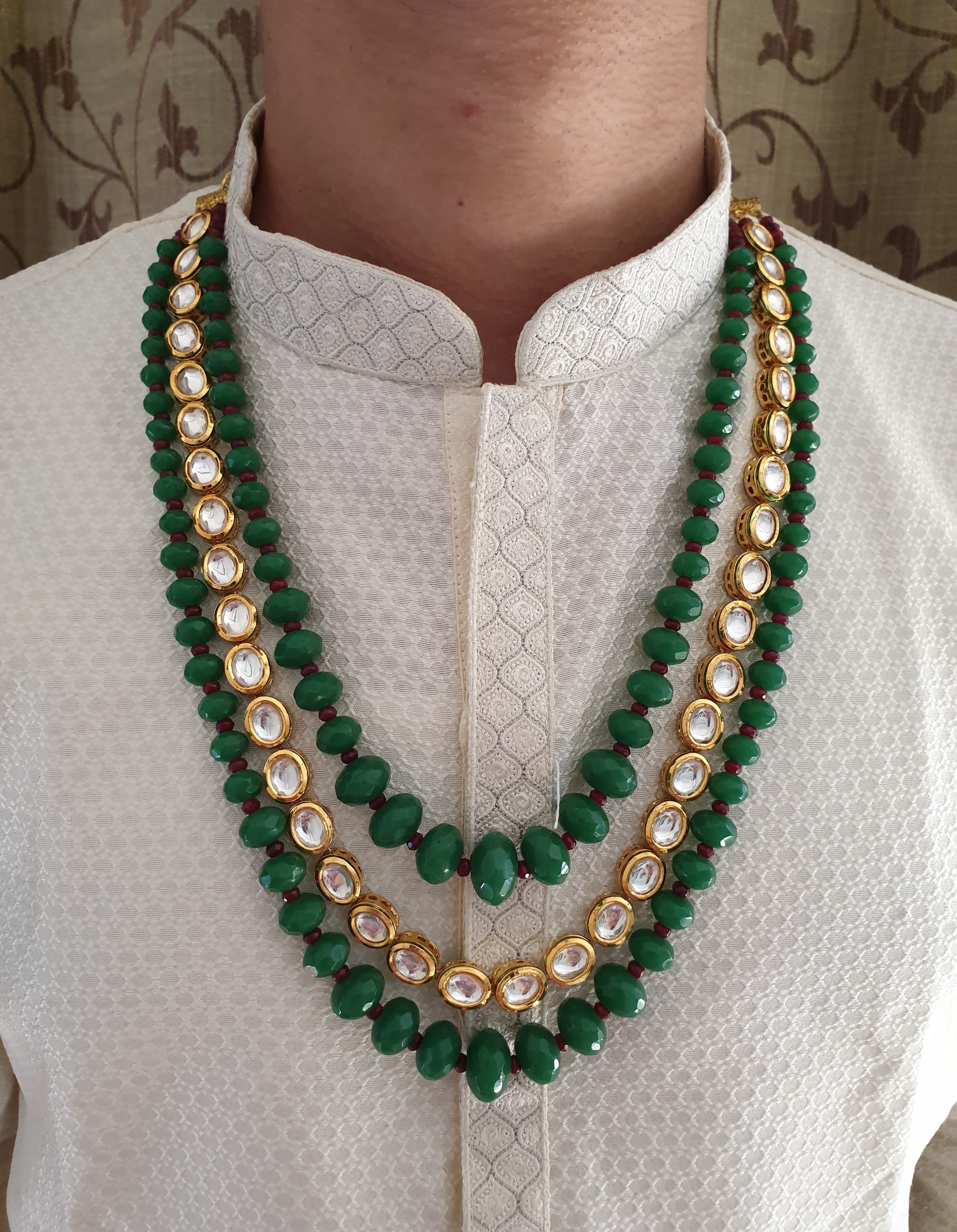 Three Layered Green and Kundan Stone Groom Necklace