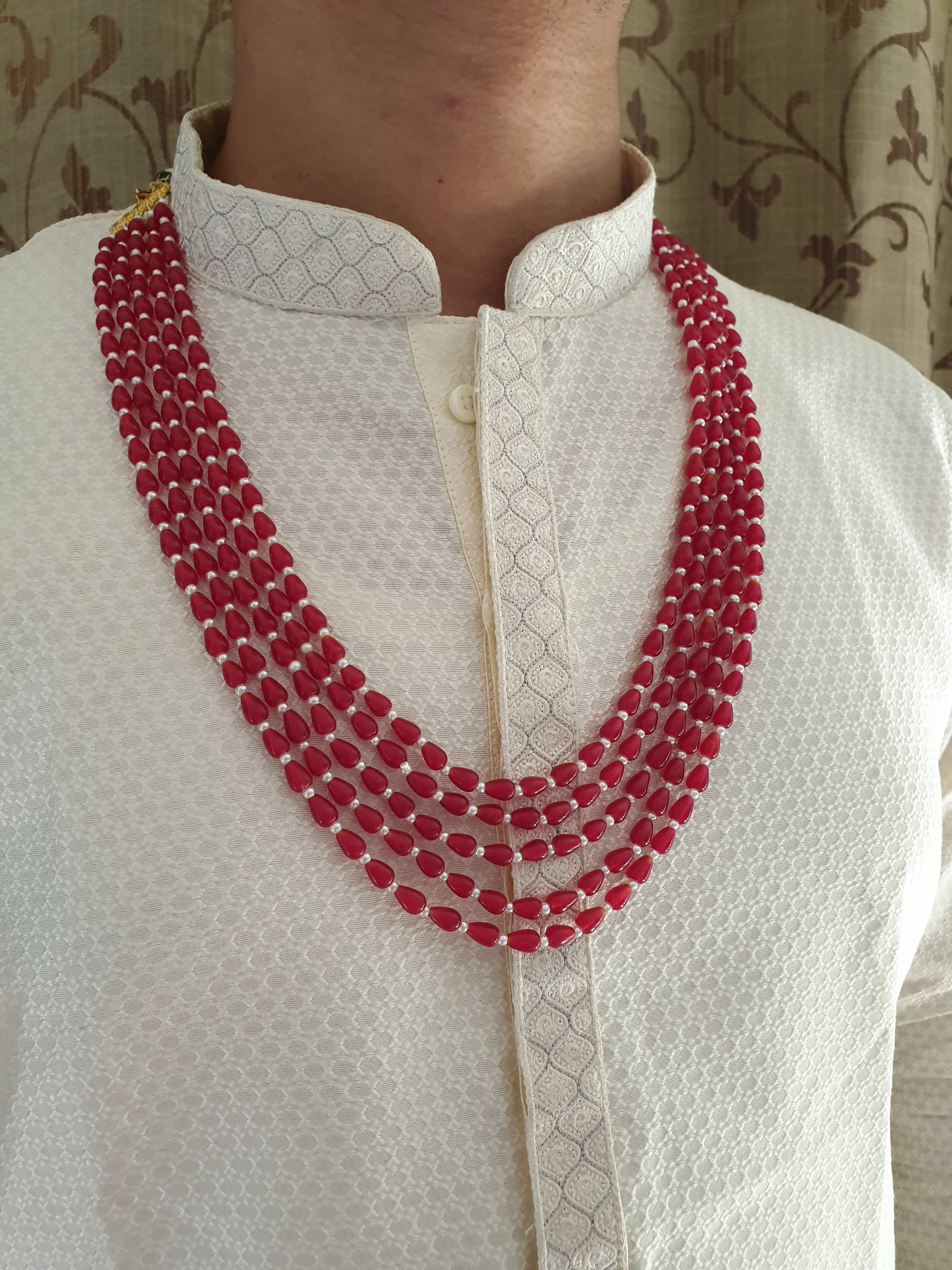 Five Layered Ruby Red Drop Stone Groom Necklace