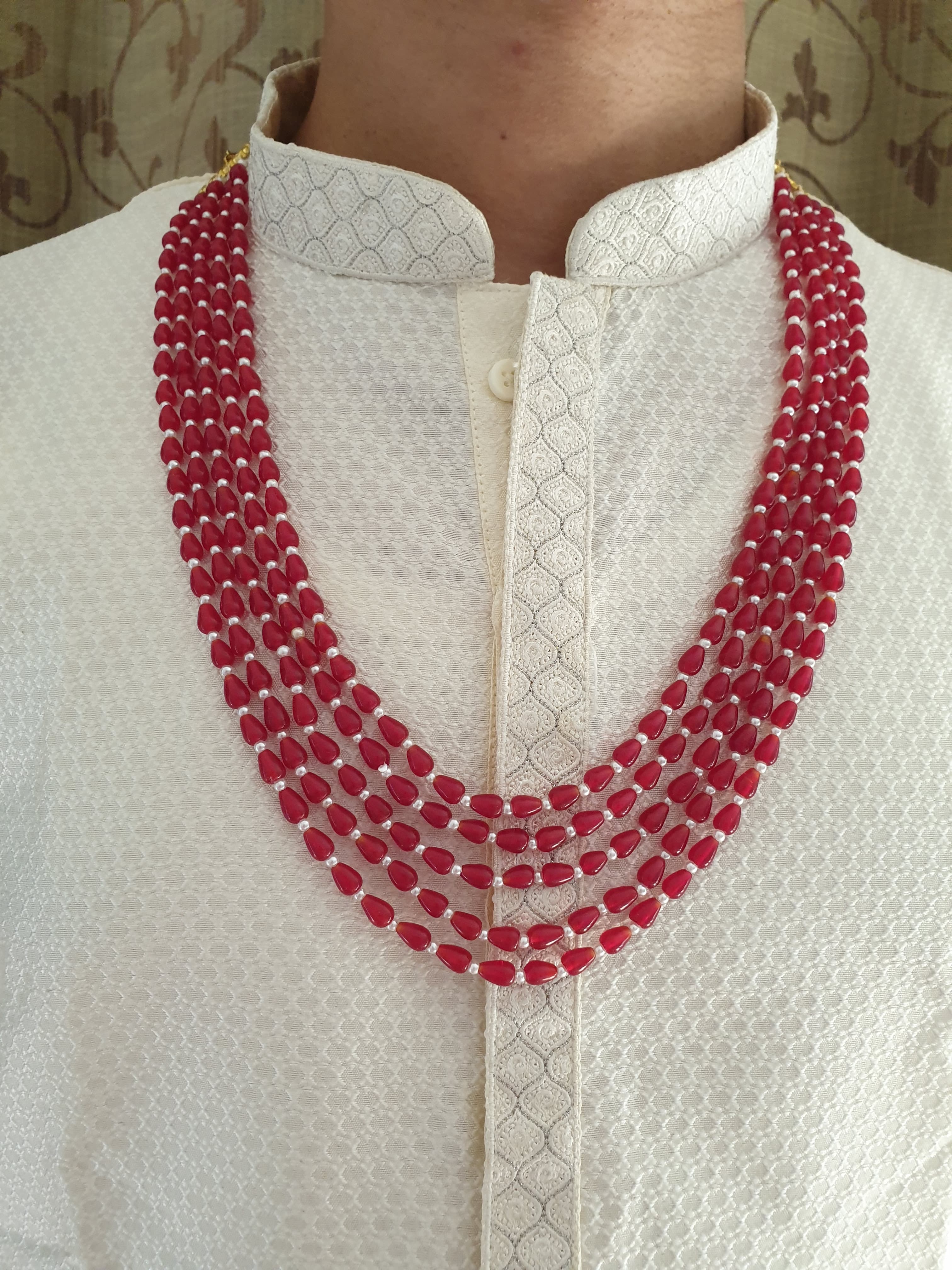 Five Layered Ruby Red Drop Stone Groom Necklace